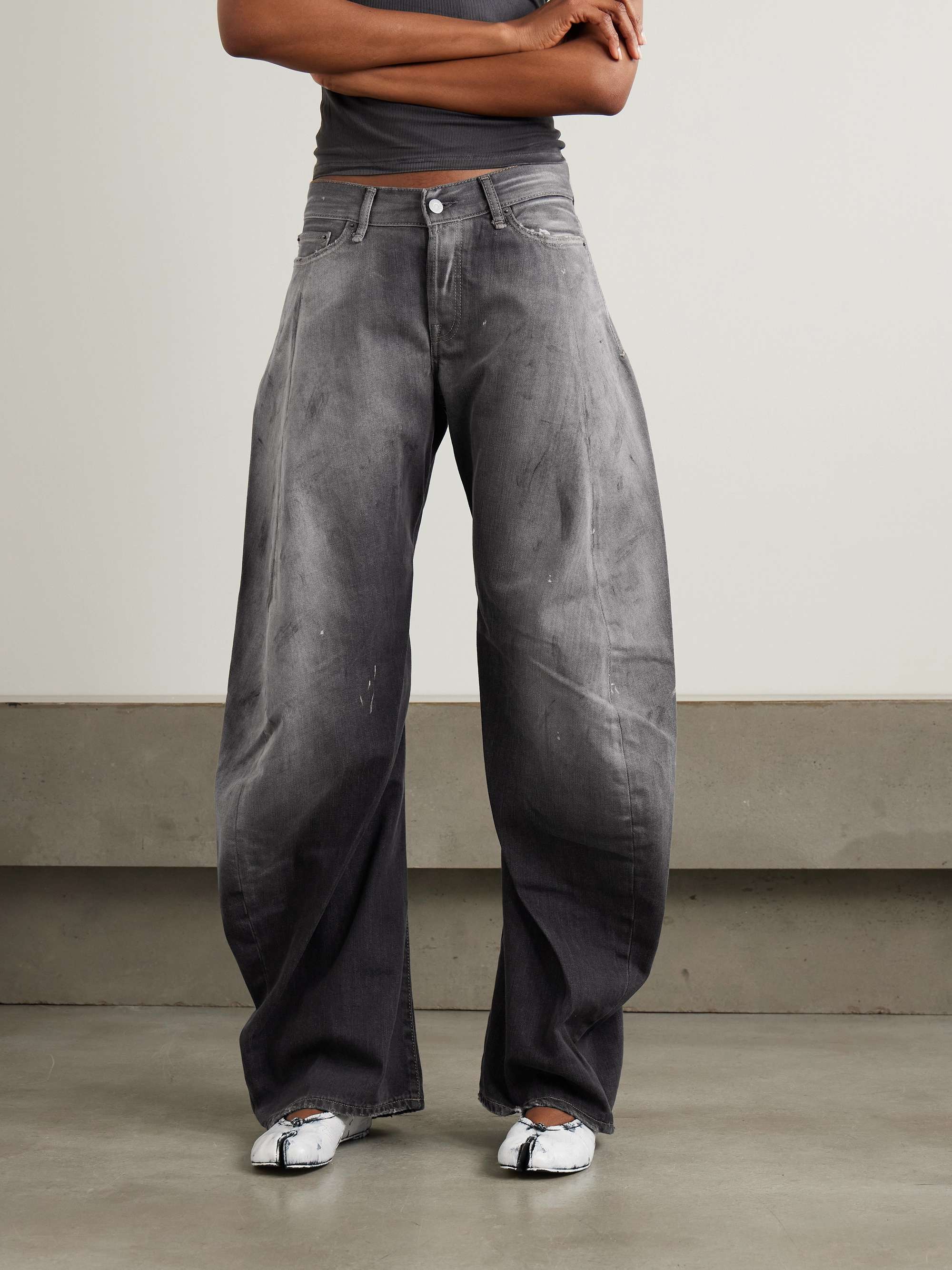 2006 paint-splattered low-rise barrel-leg jeans view