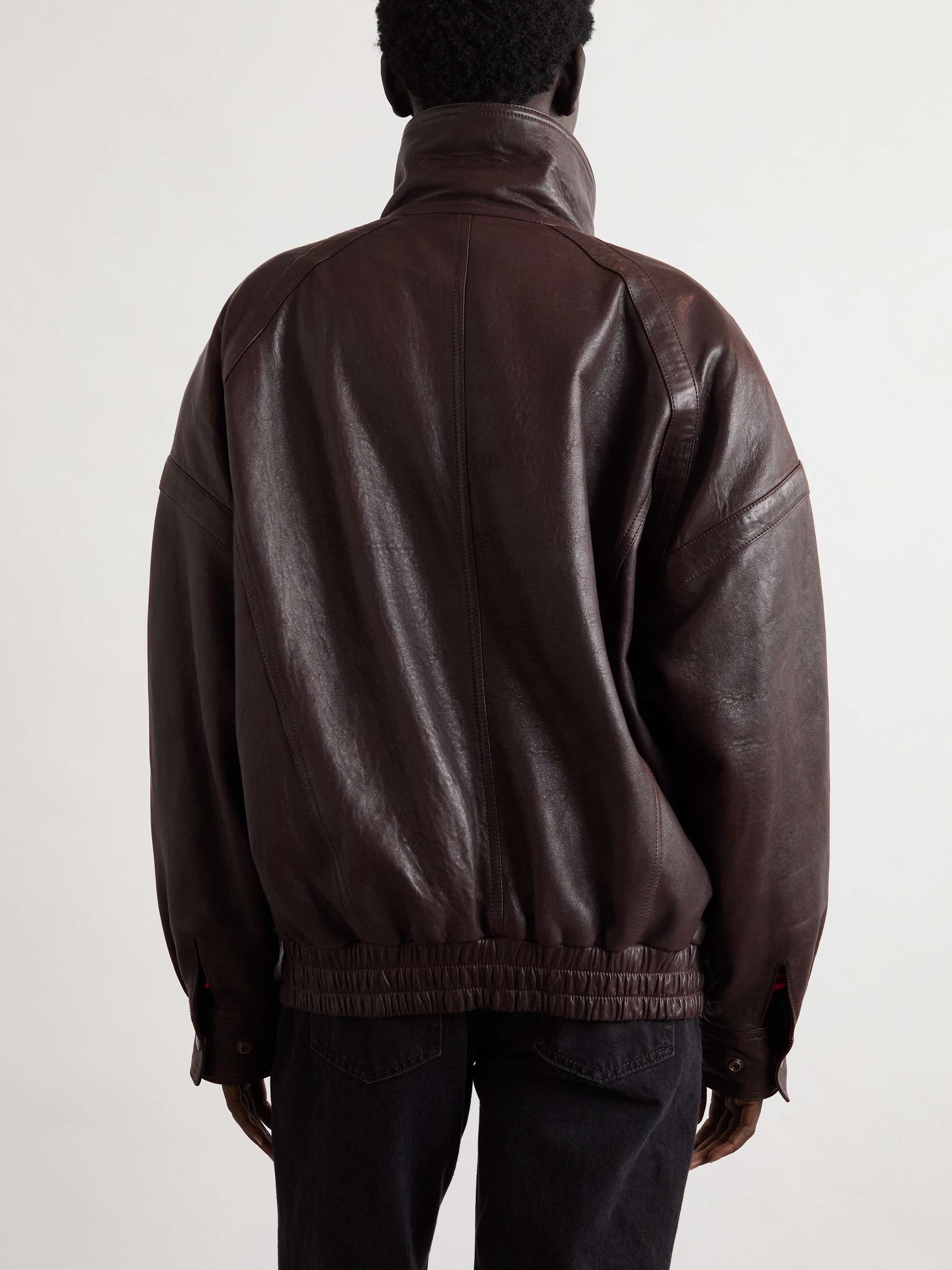 Oversized double-breasted paneled leather jacket view