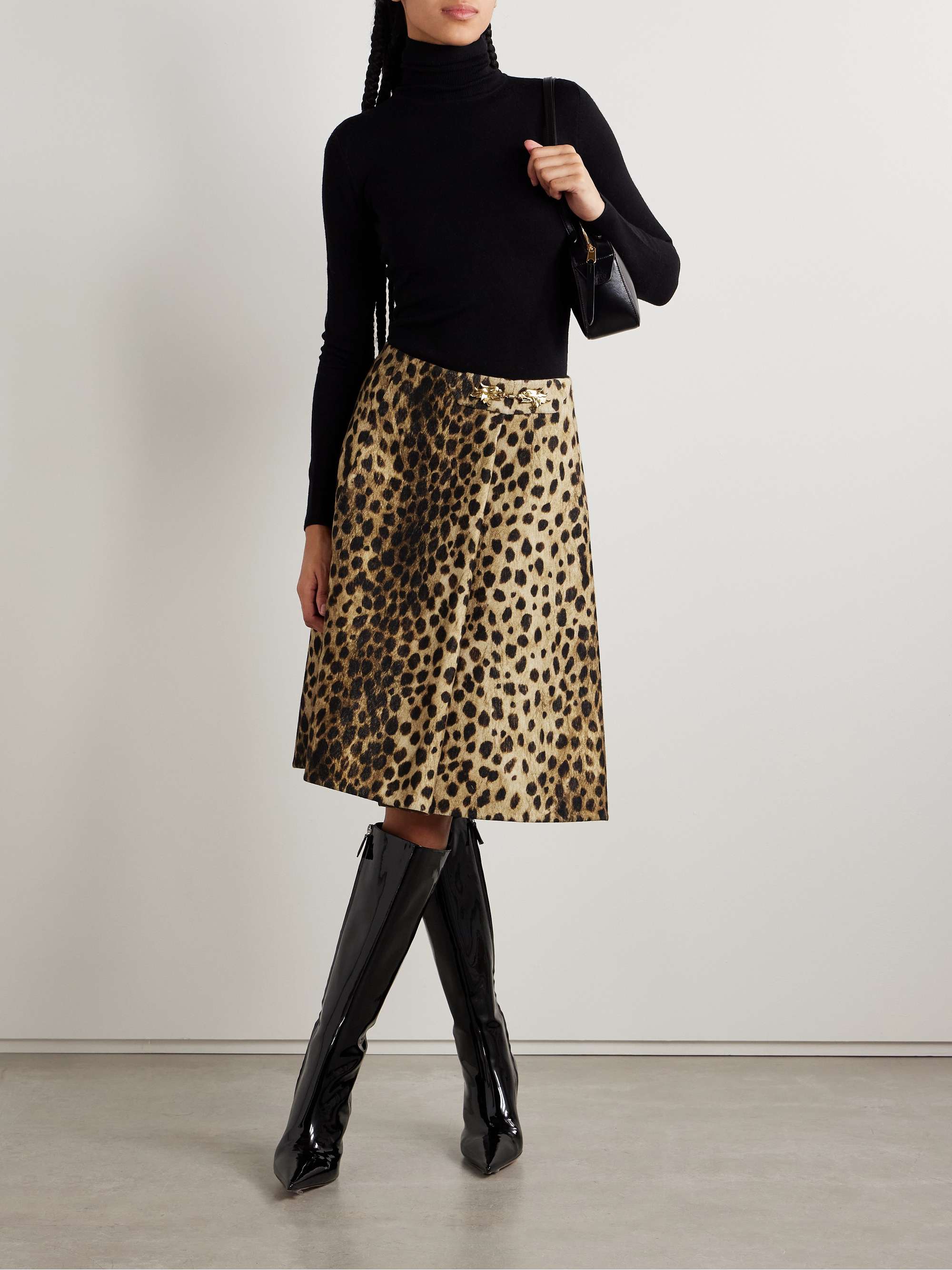 Wrap-effect embellished jaguar-print wool-felt skirt view