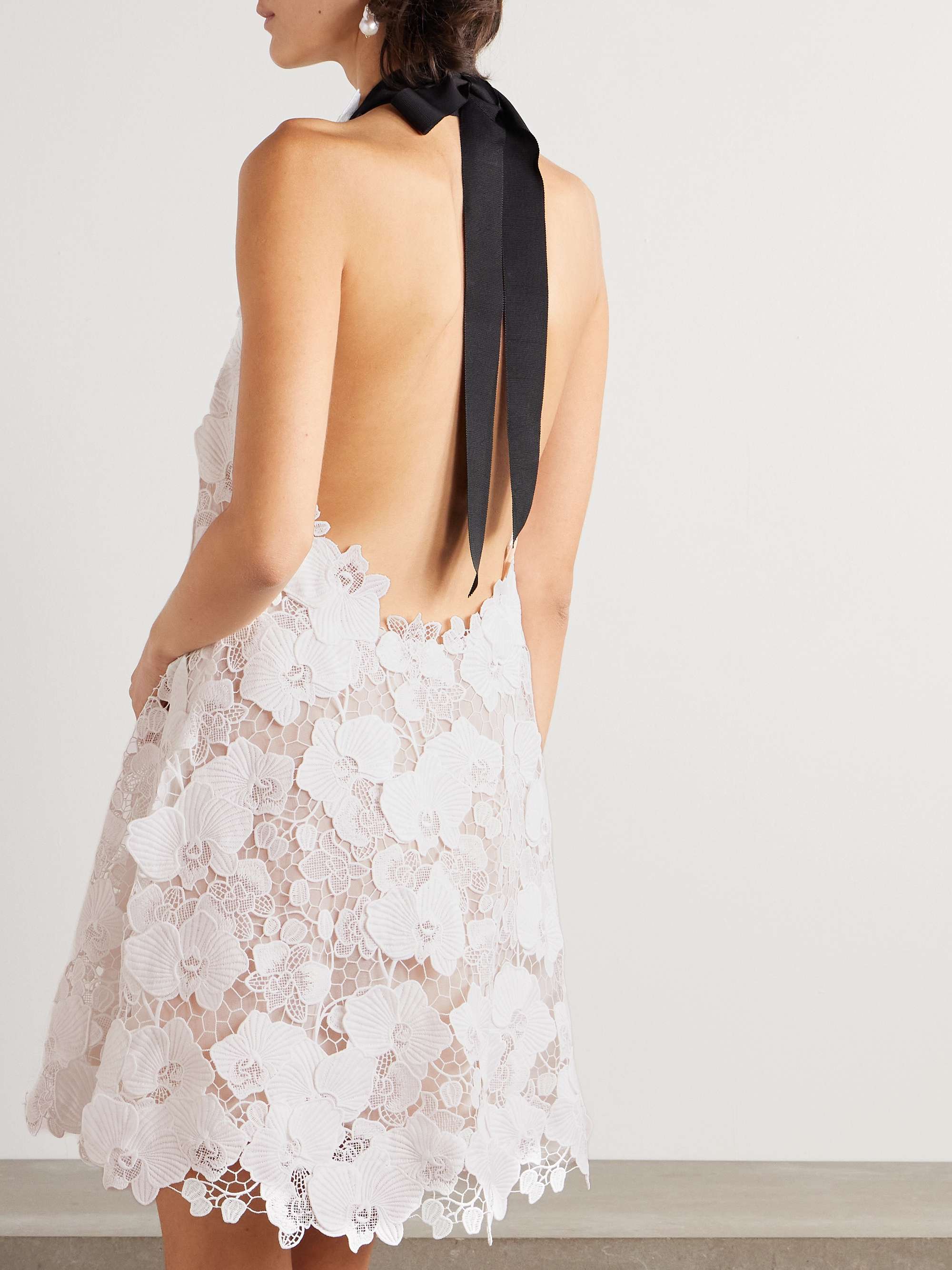 Halterneck grosgrain-trimmed guipure lace mini dress view