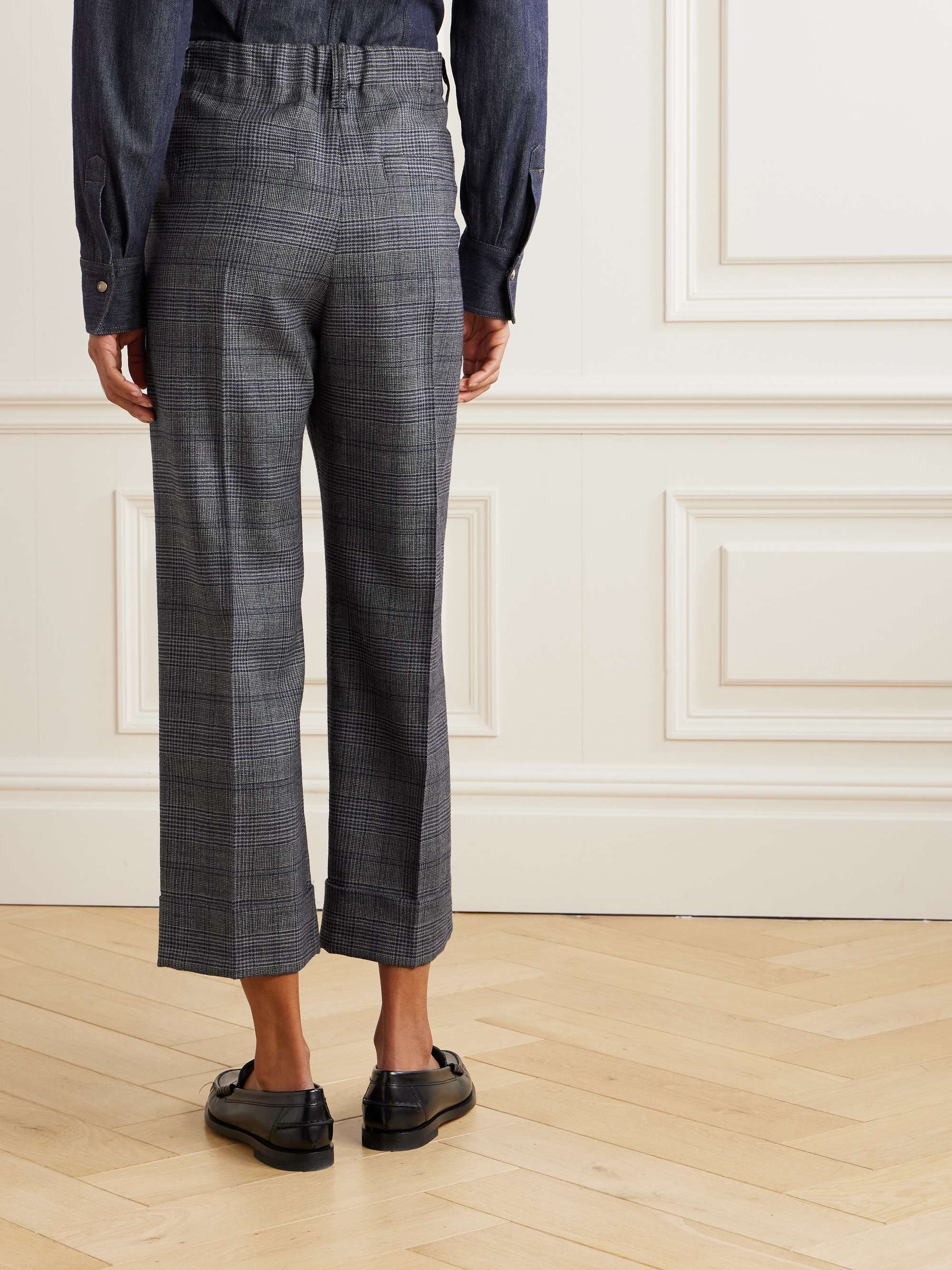 Cropped bead-embellished pleated Prince of Wales checked wool wide-leg pants view