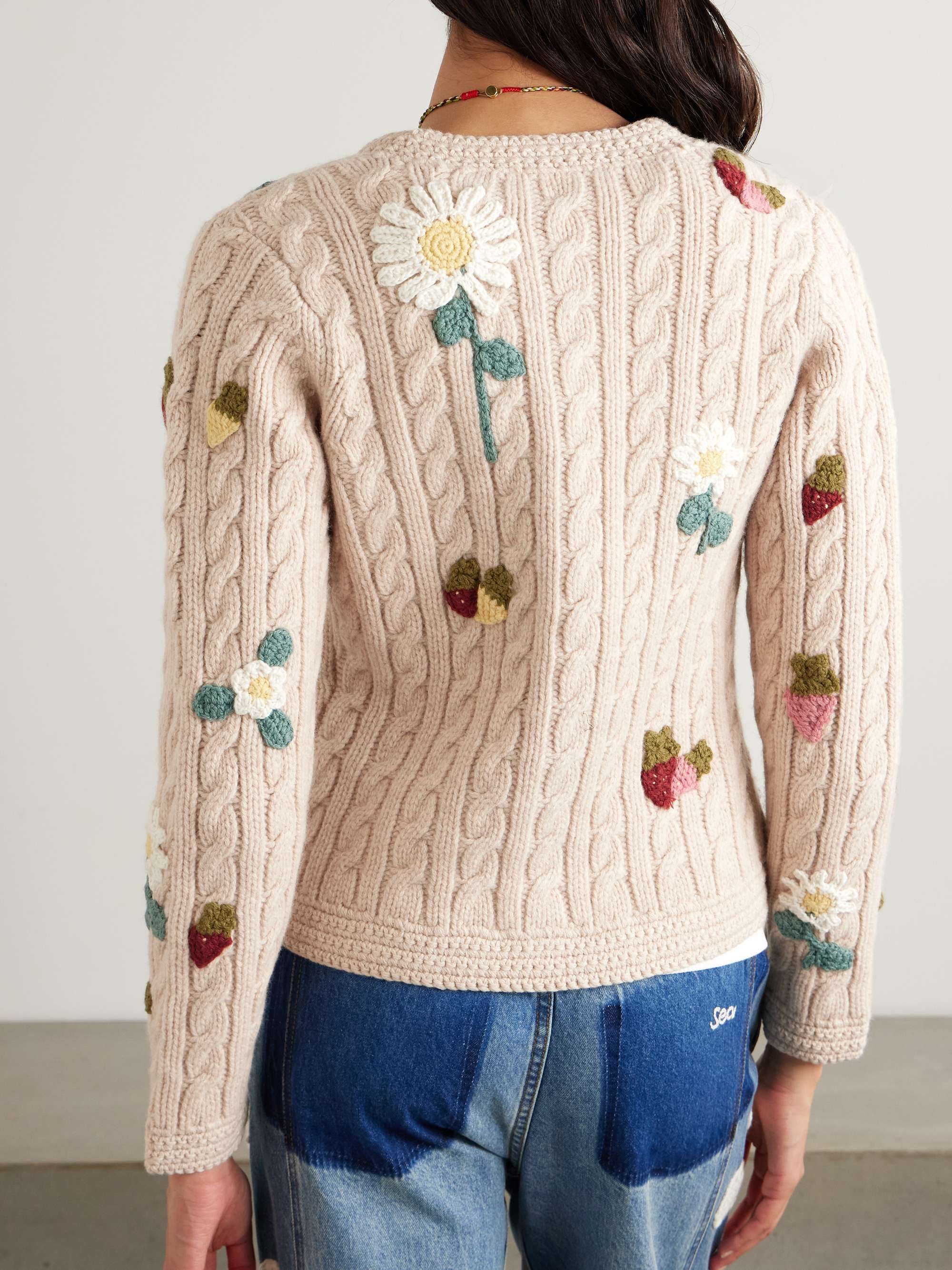 Callie appliquéd cable-knit wool cardigan view