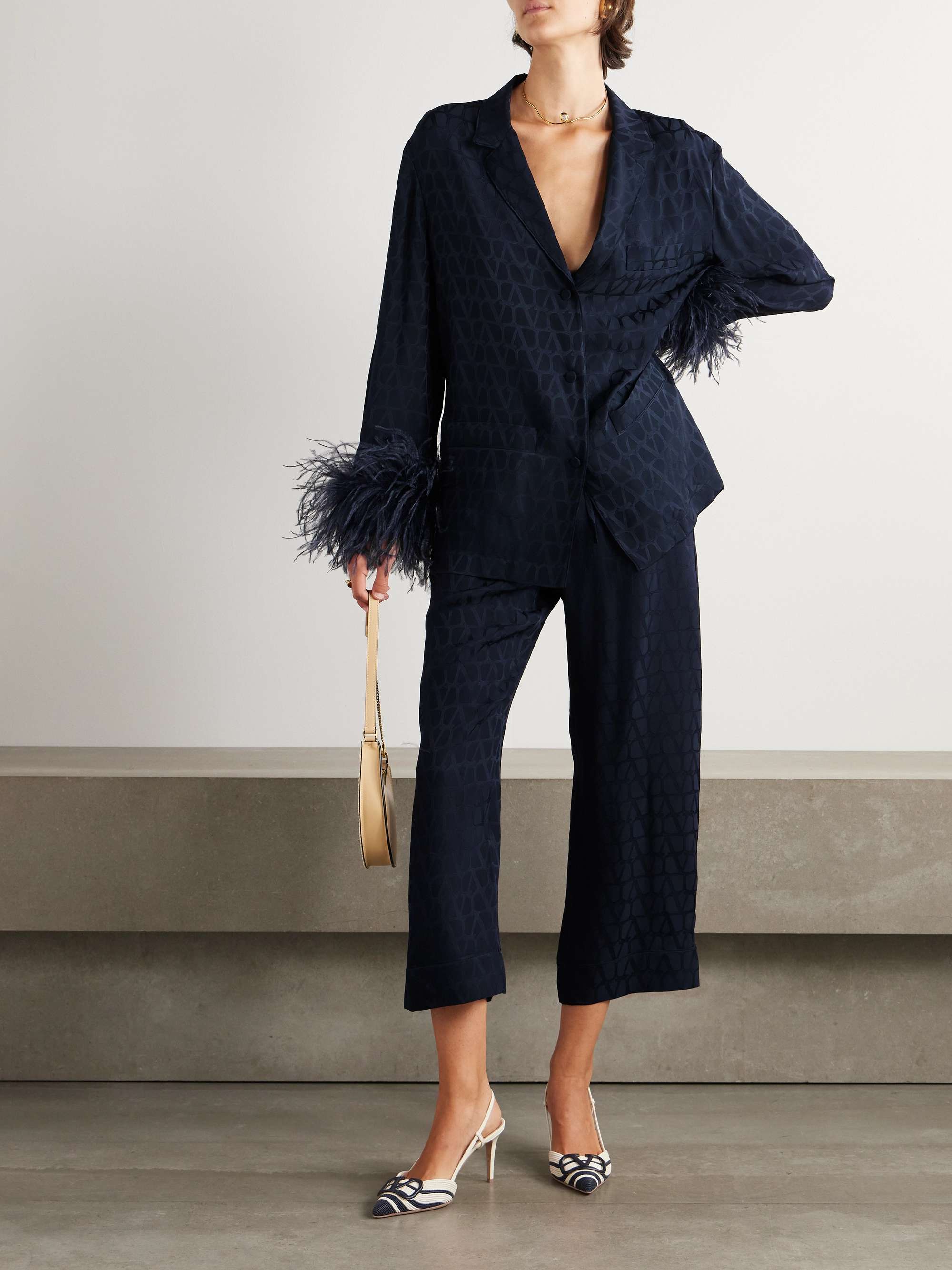 Feather-trimmed silk satin-jacquard shirt view