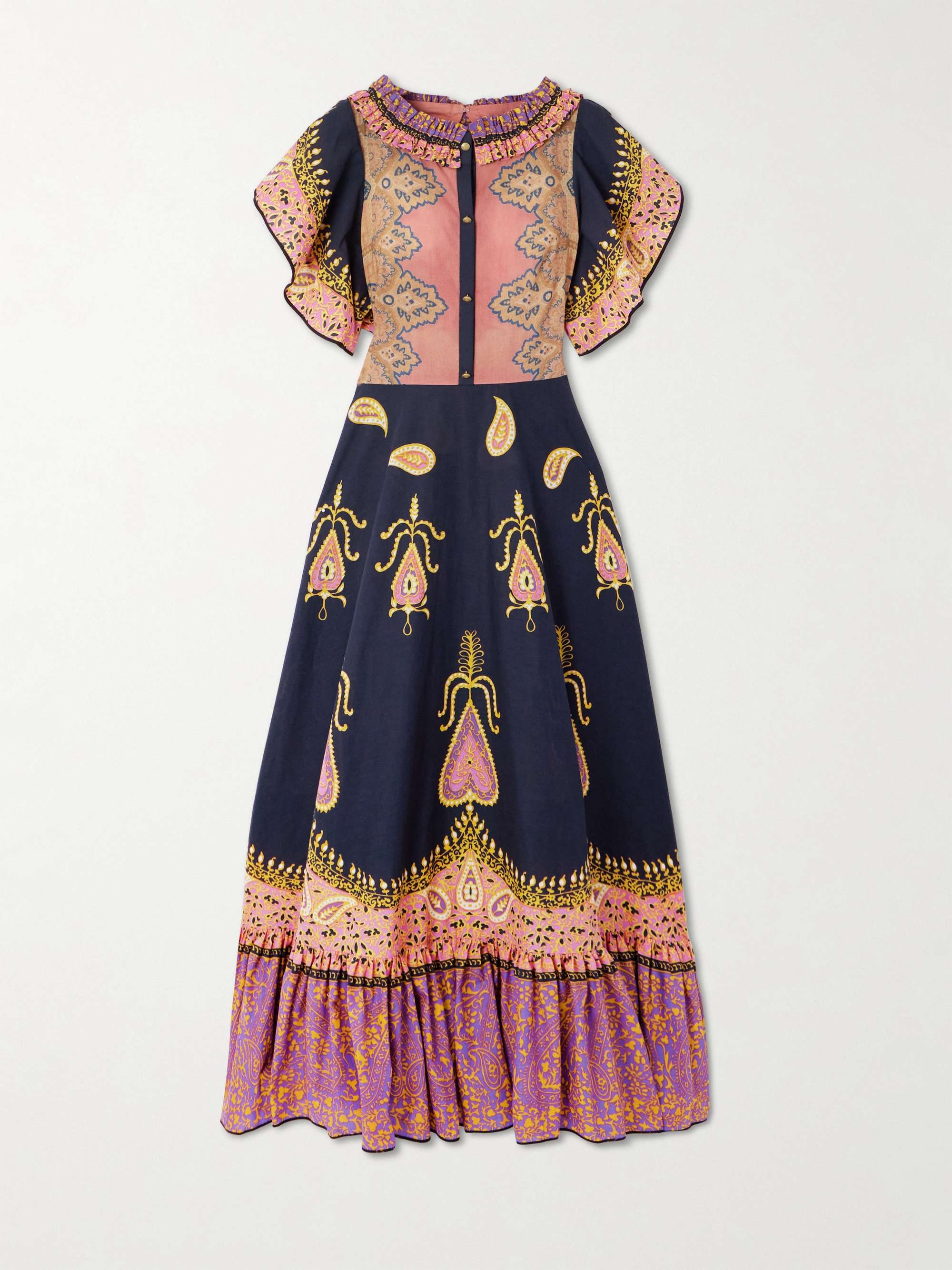 Ruched tiered paisley-print cotton-muslin midi dress view
