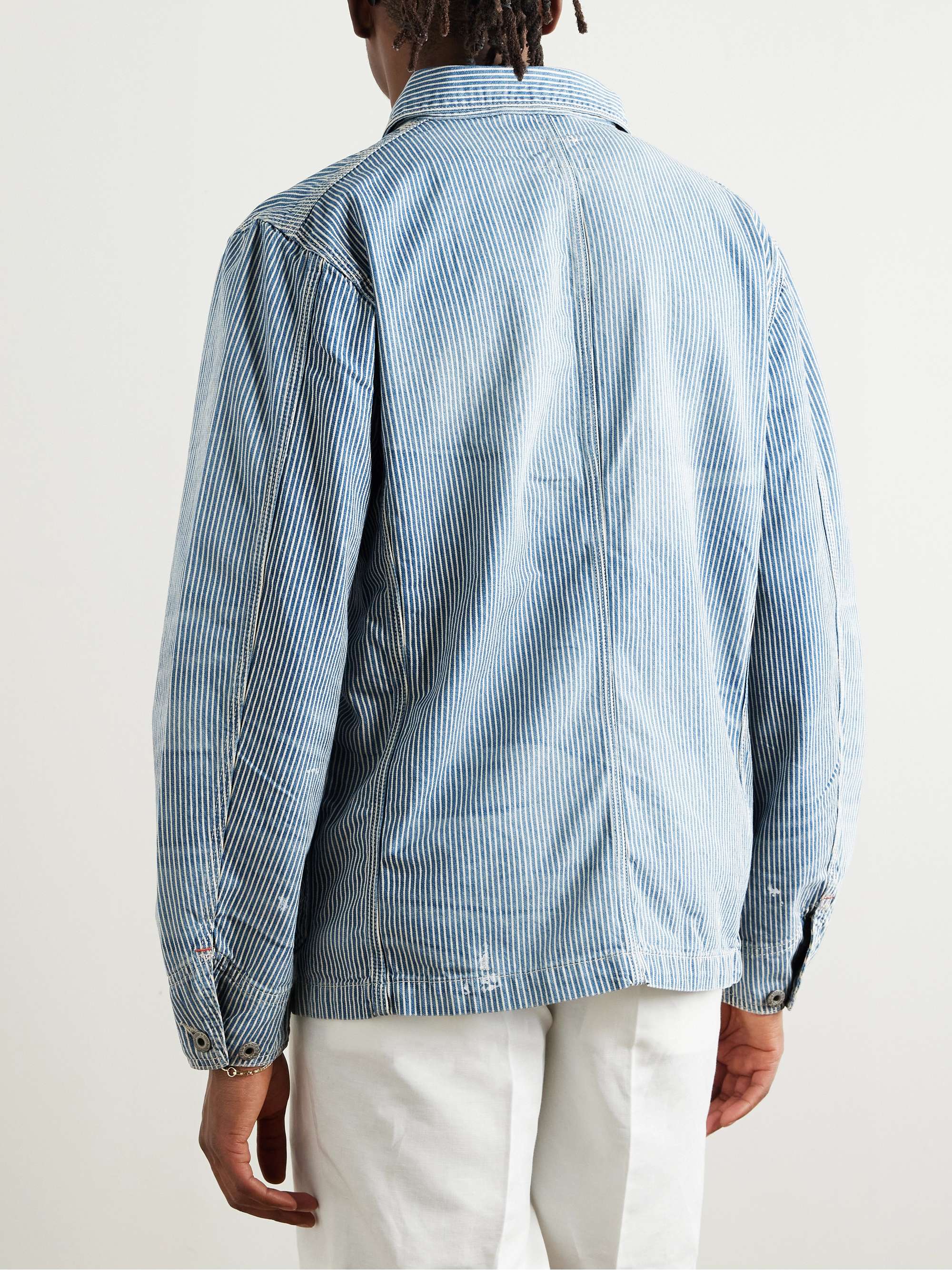 Logo-Appliquéd Paint-Splattered Striped Denim Overshirt view