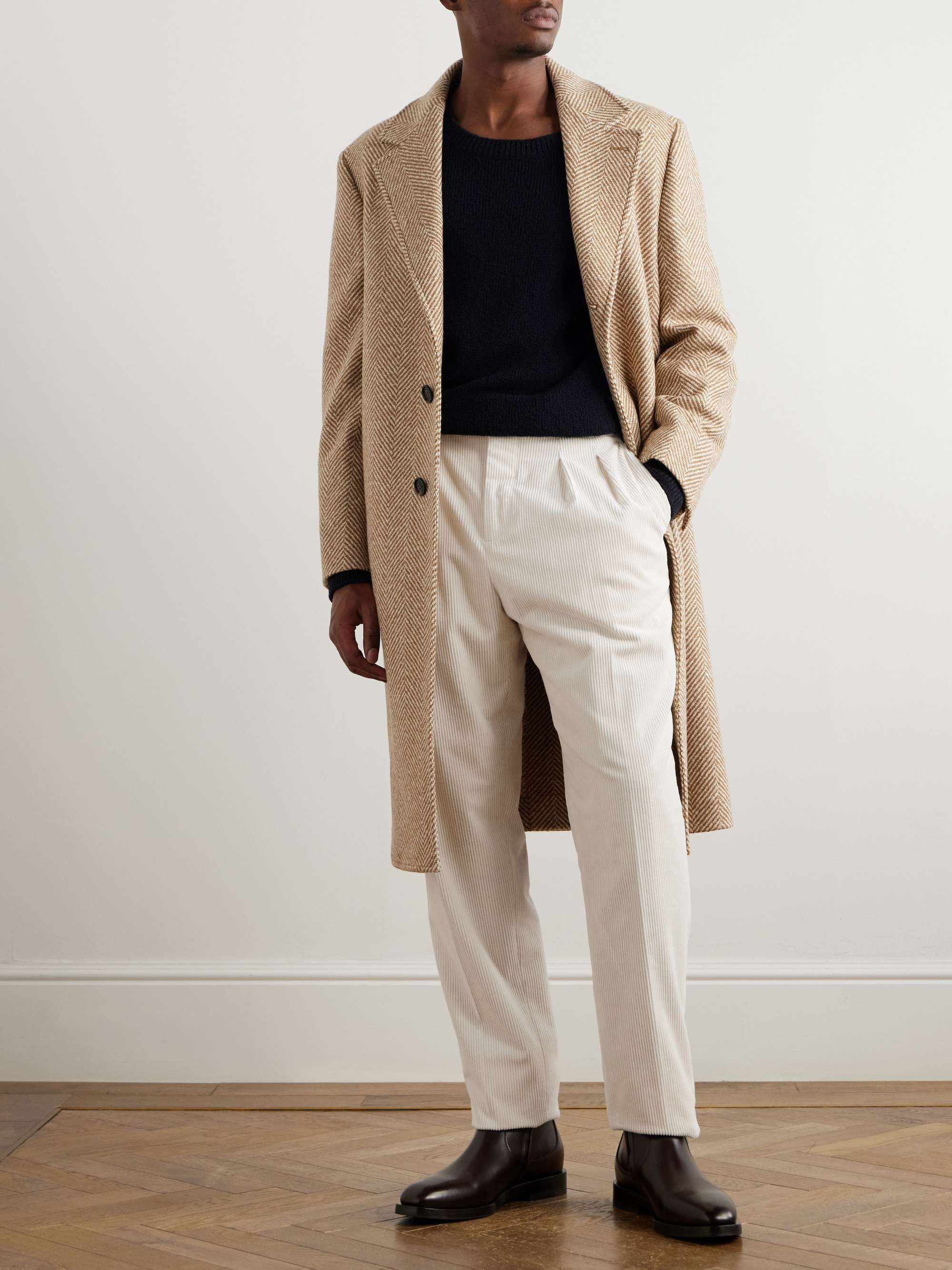 Straight-Leg Pleated Cotton-Blend Corduroy Trousers view