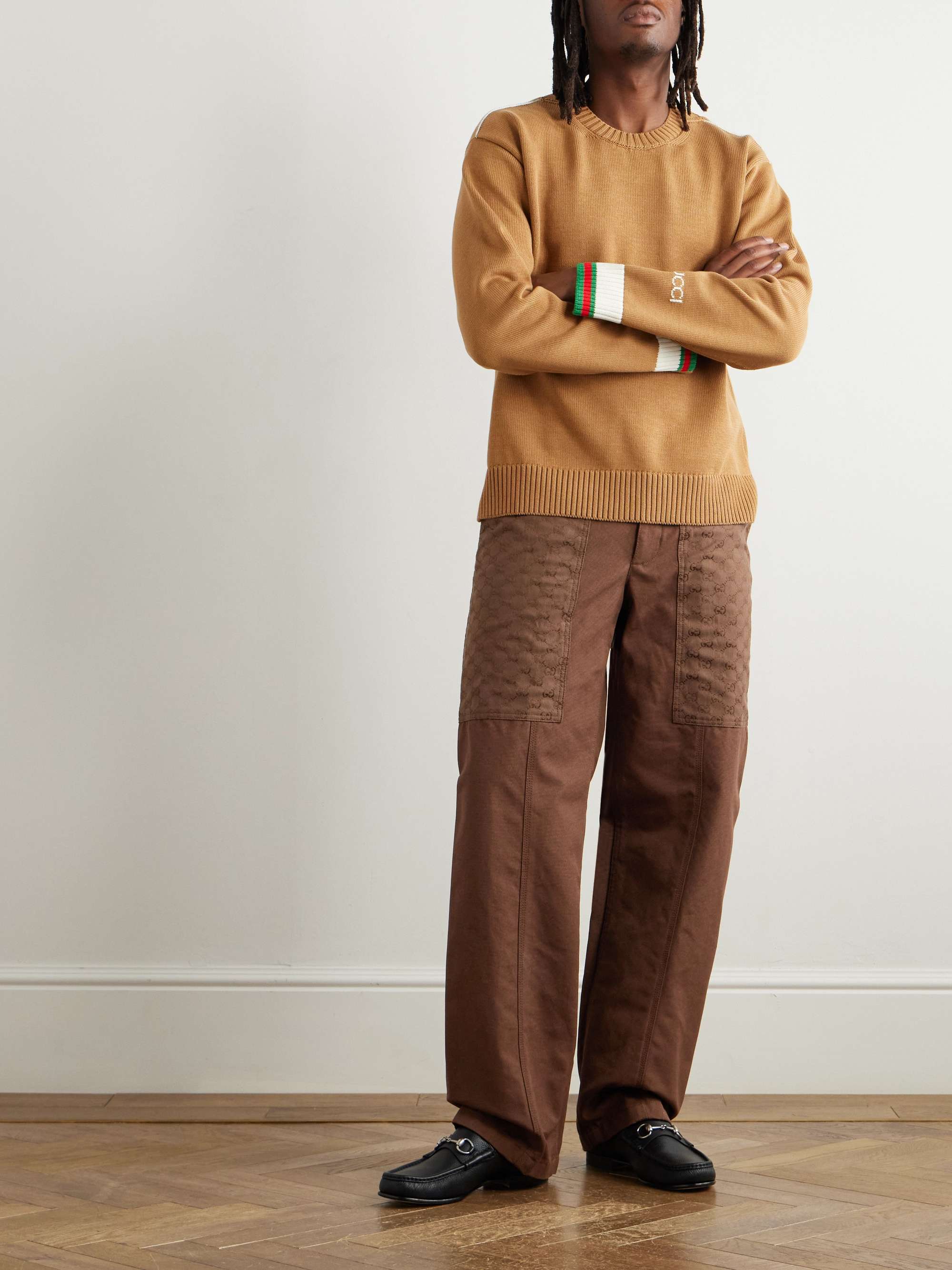 Straight-Leg Monogrammed Cotton-Canvas Trousers view