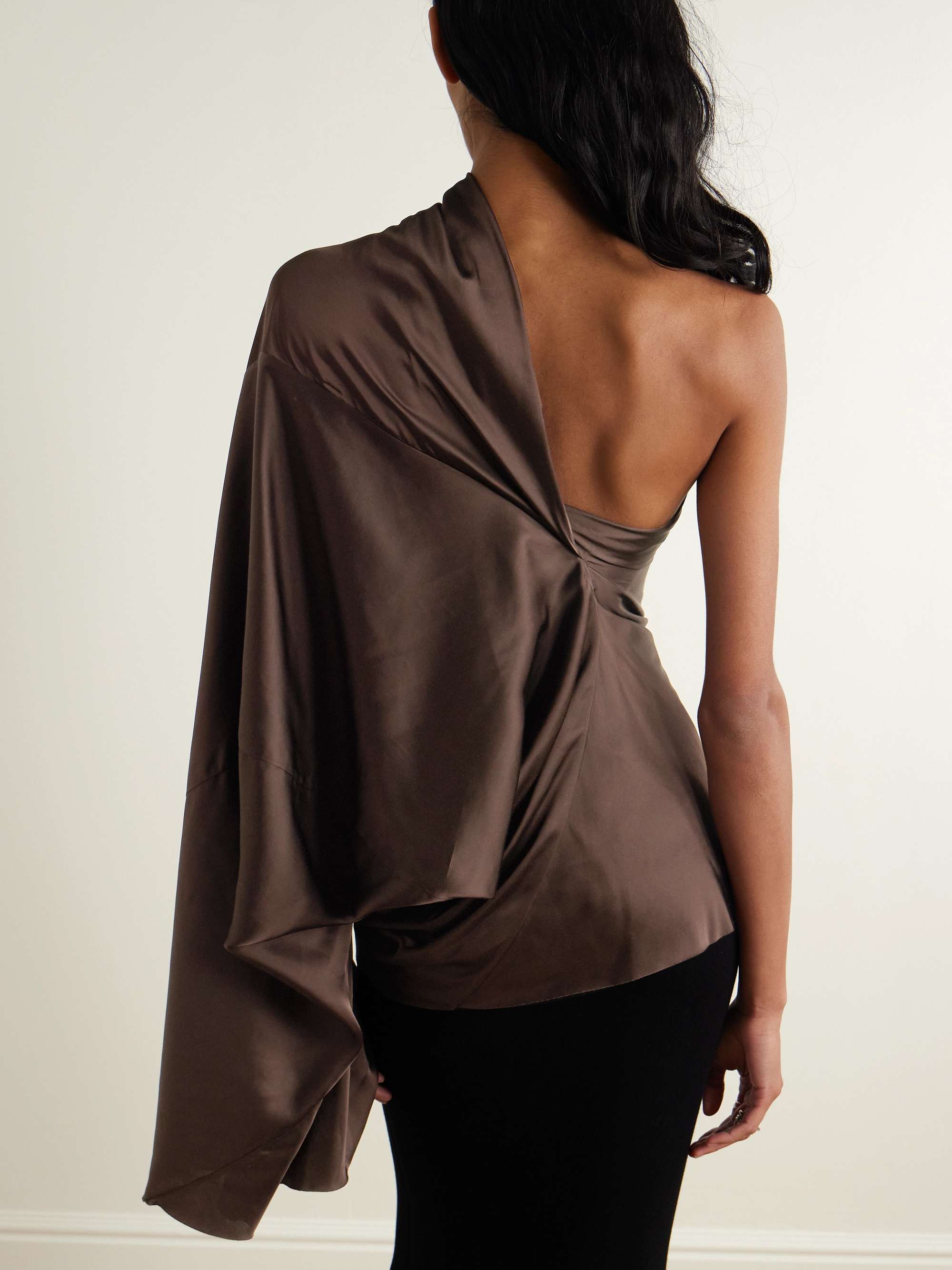 One-shoulder draped satin blouse view