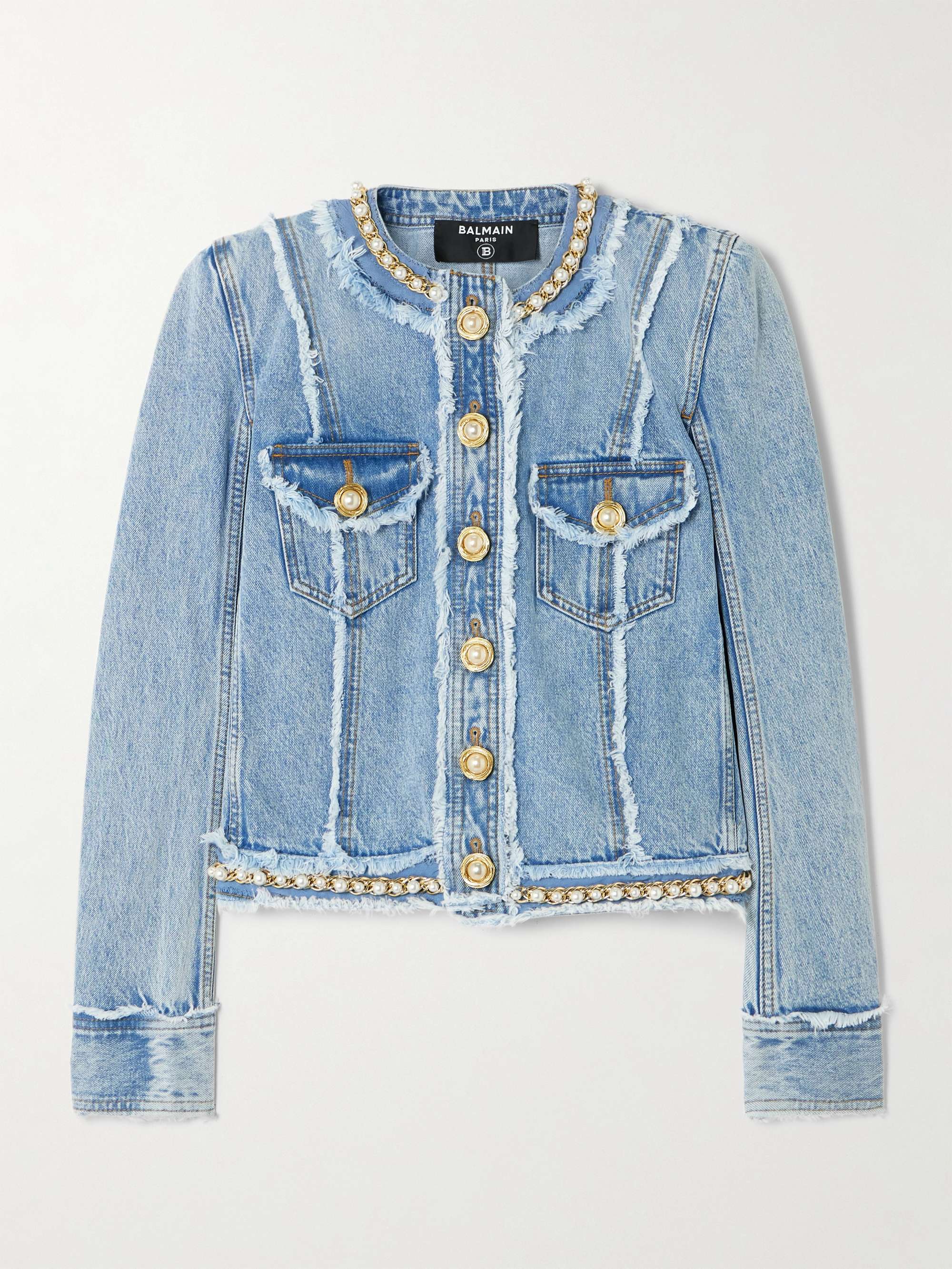 Faux pearl-embellished frayed denim jacket view