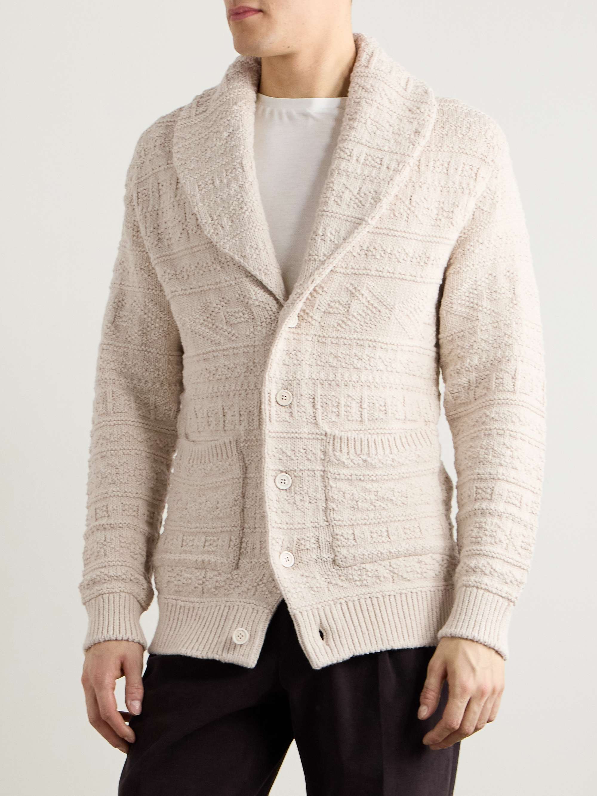 Shawl-Collar Textured Cotton and Wool-Blend Cardigan view