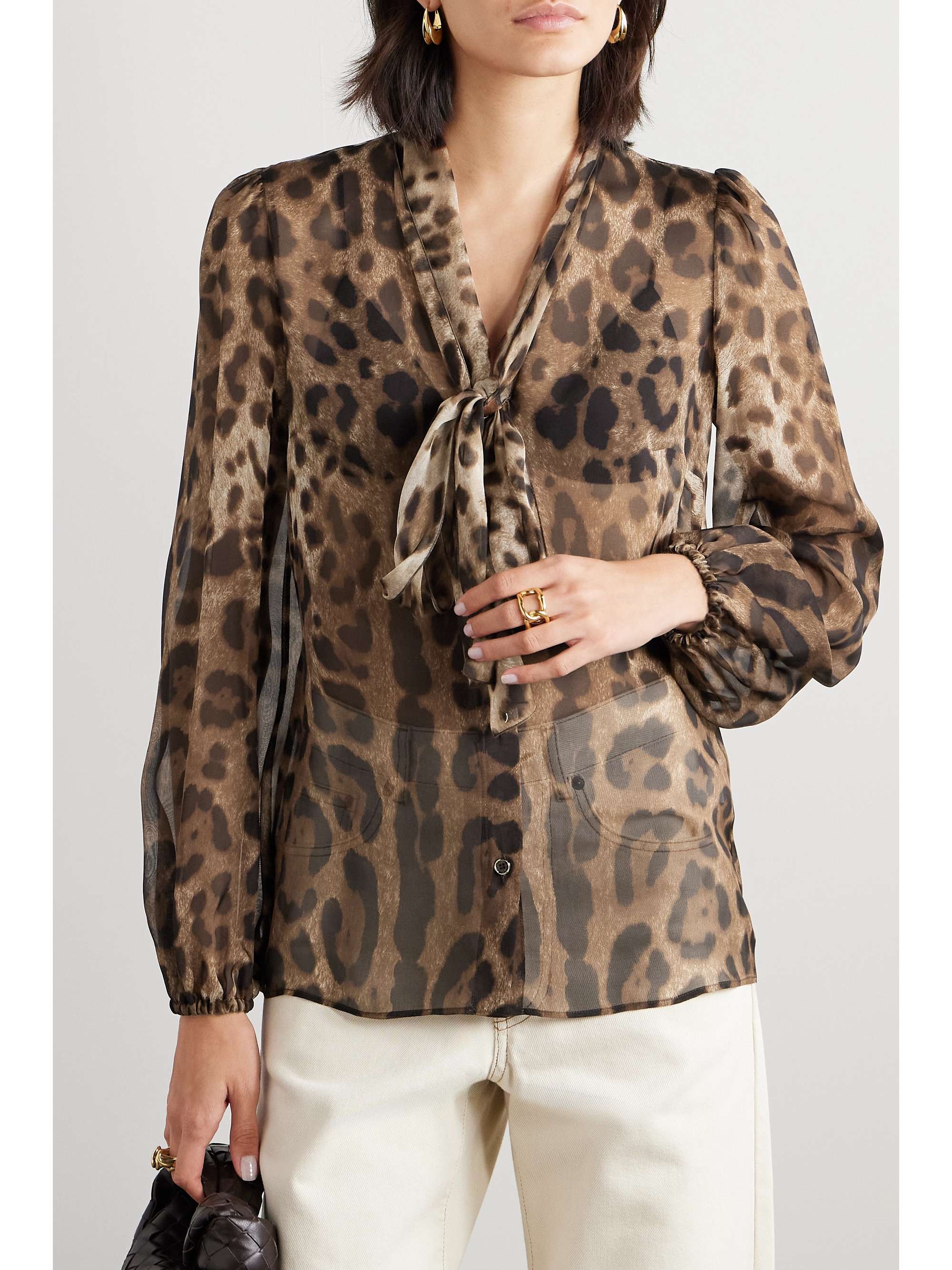Tie-detailed leopard-print silk-chiffon shirt view