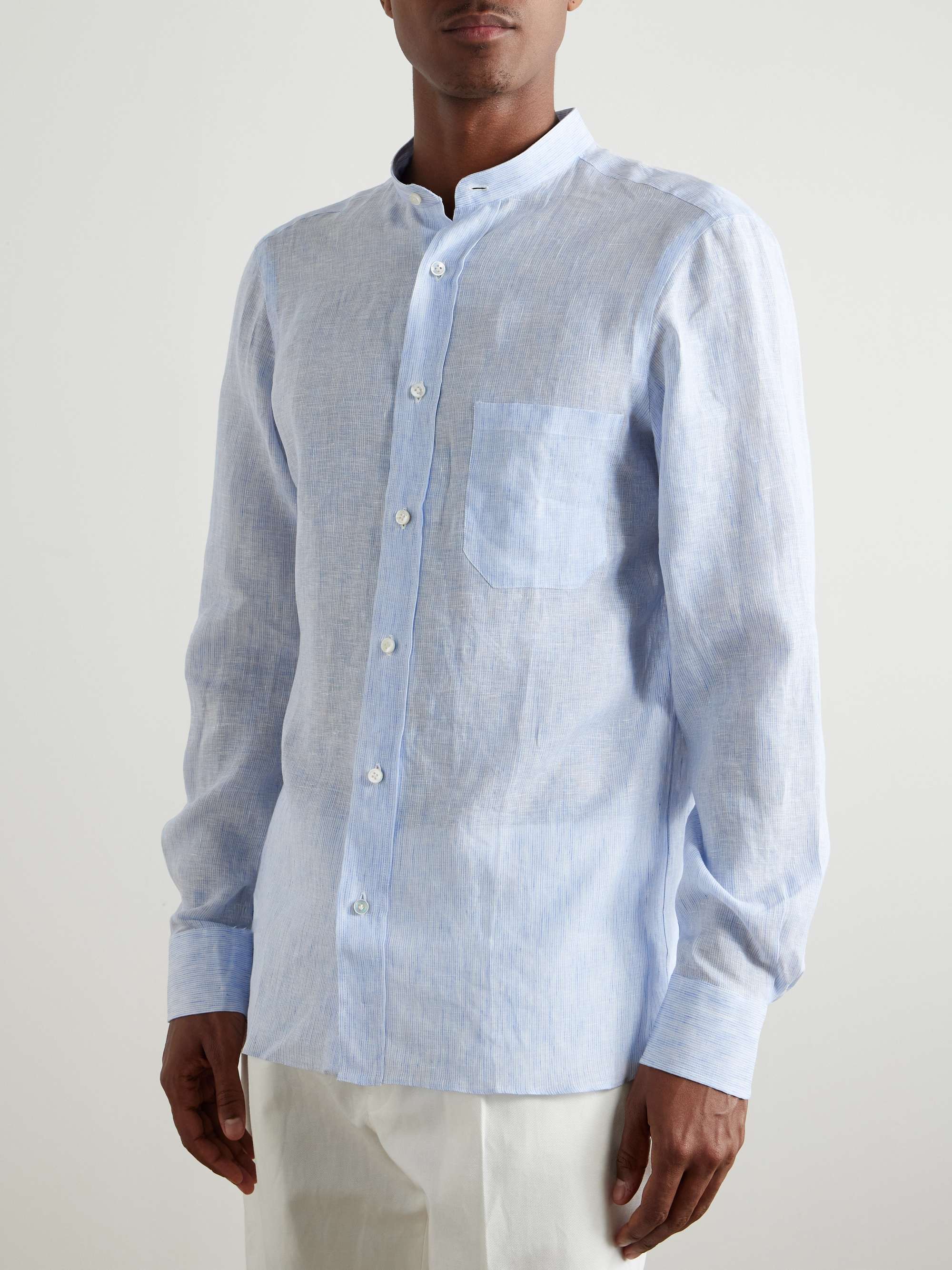 Grandad-Collar Striped Linen Shirt view