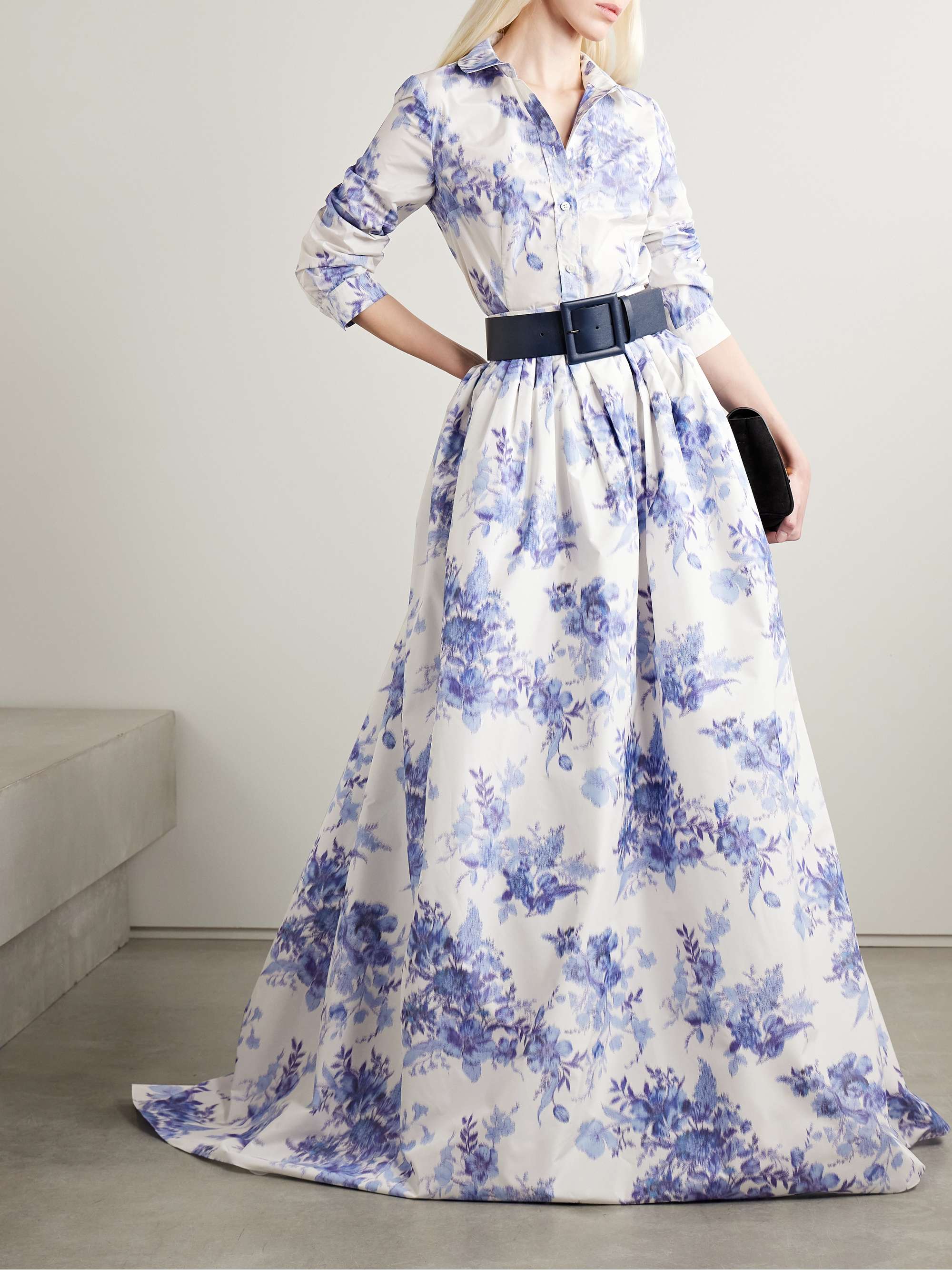 Pleated floral-print taffeta maxi skirt view