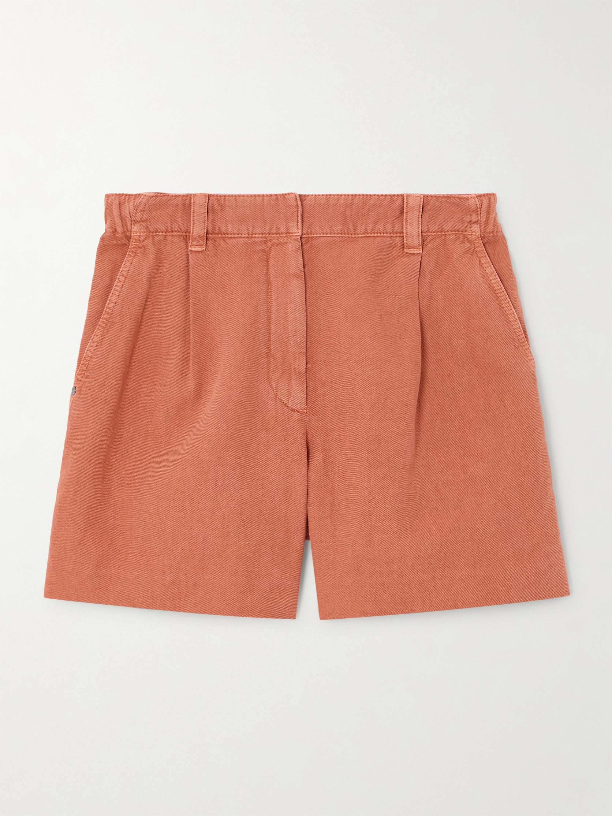 Bead-embellished pleated cotton and linen-blend twill shorts view