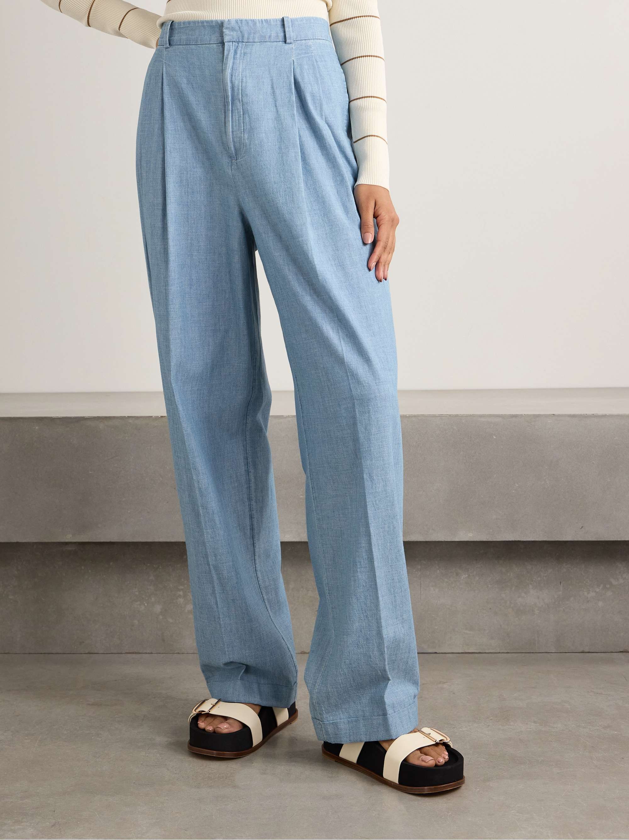 Pleated cotton-chambray wide-leg pants view