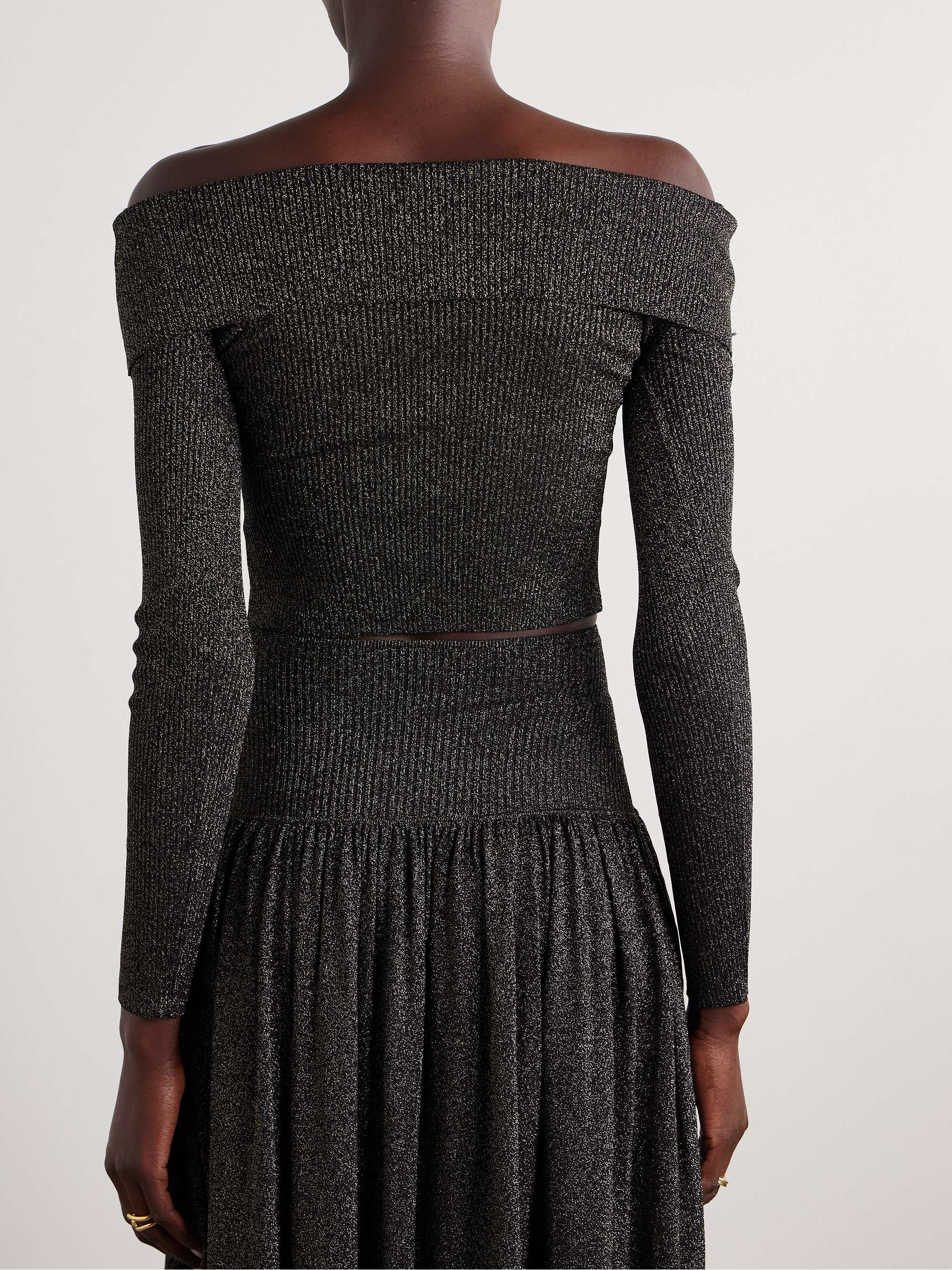 Crush off-the-shoulder cropped metallic stretch-knit top view
