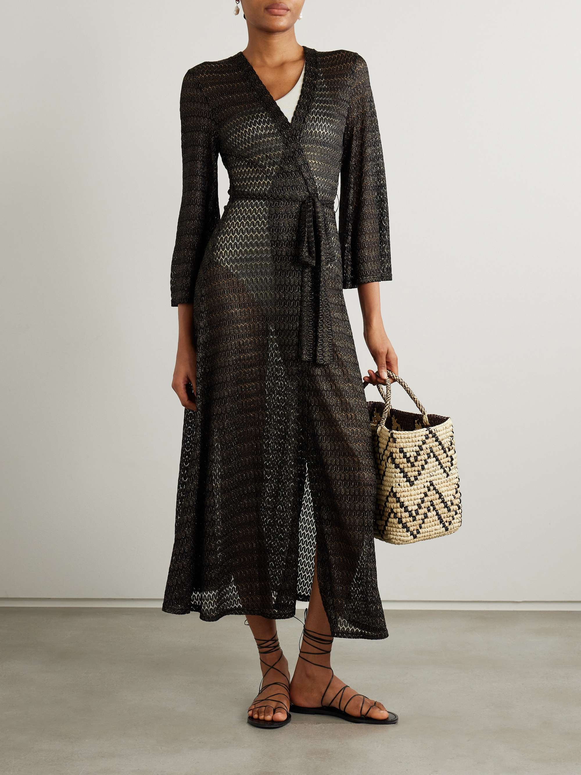 Melissa belted metallic open-knit robe view