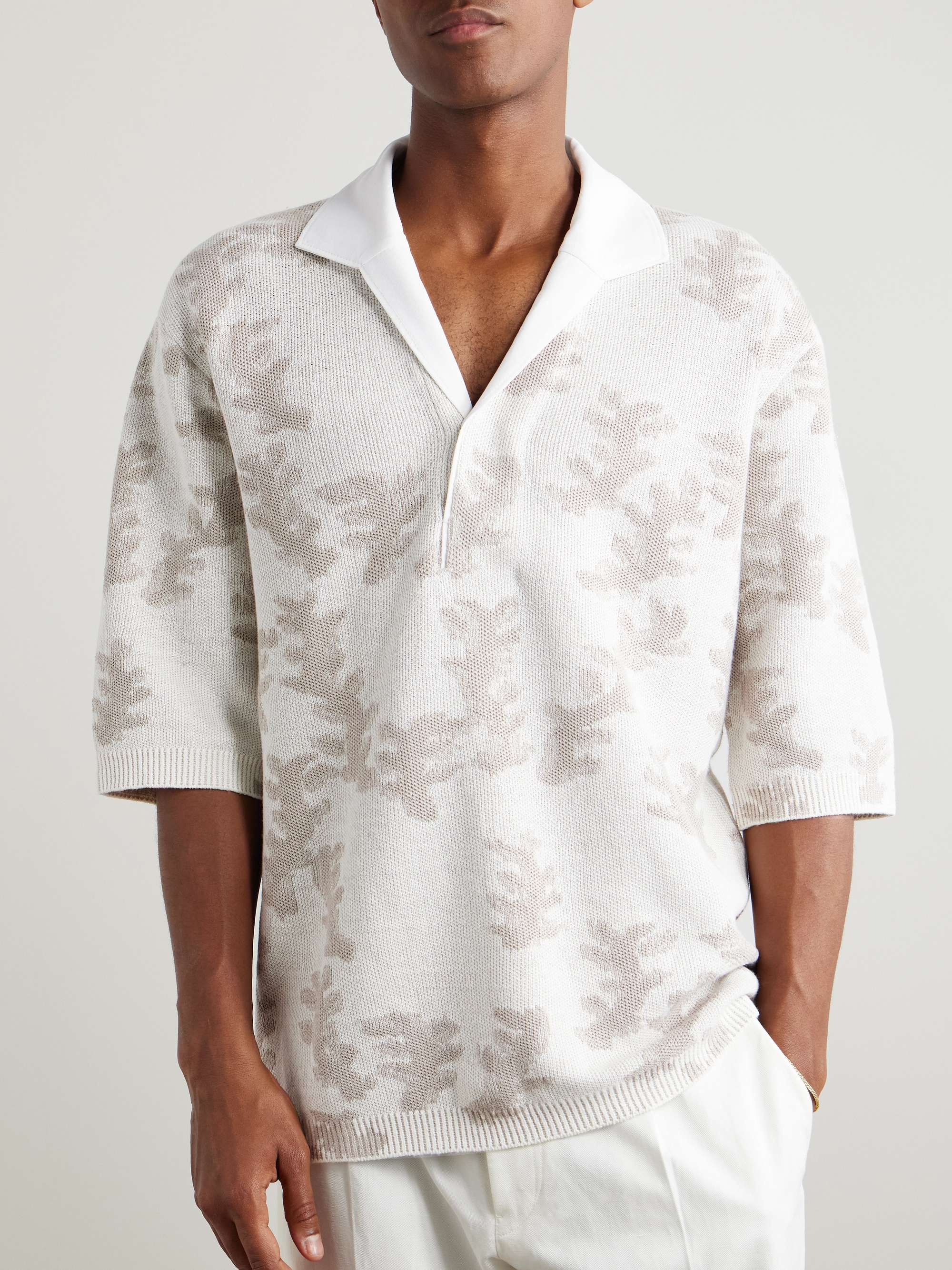 Camp-Collar Poplin-Trimmed Jacquard-Knit Oasi Linen Polo Shirt view