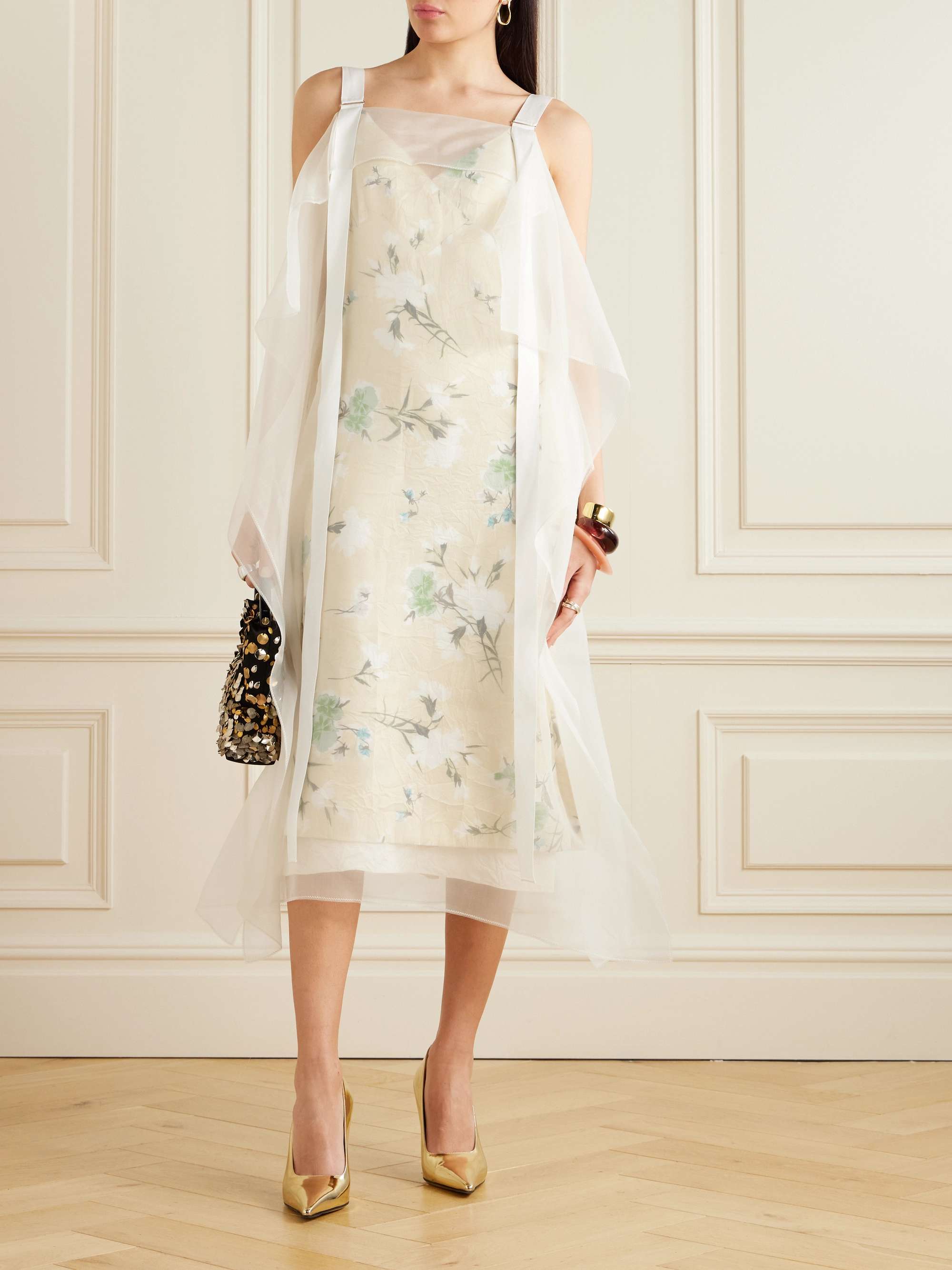 Organza-trimmed floral-print satin-twill midi dress view