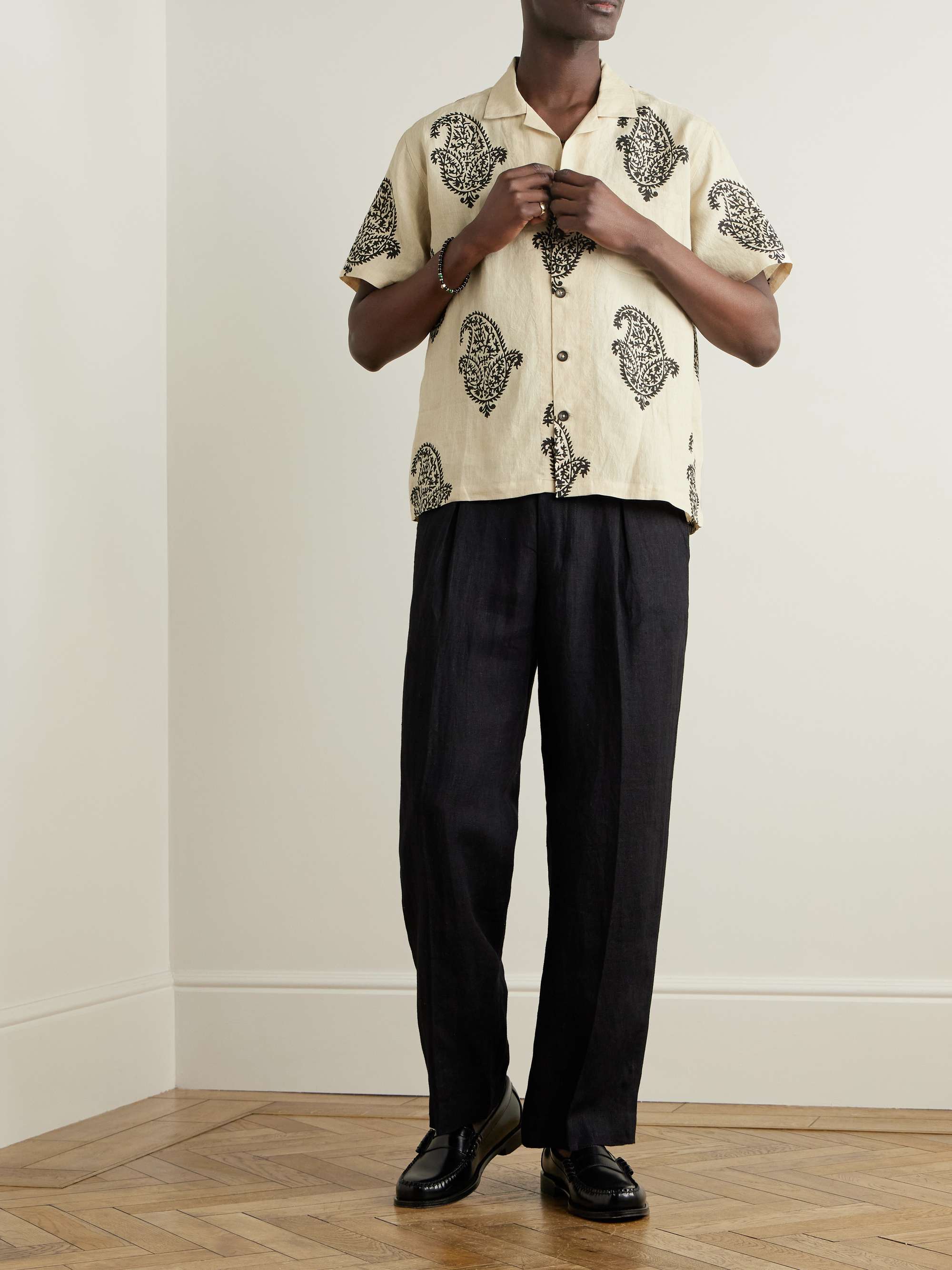 Wide-Leg Embellished Pleated Linen Trousers view