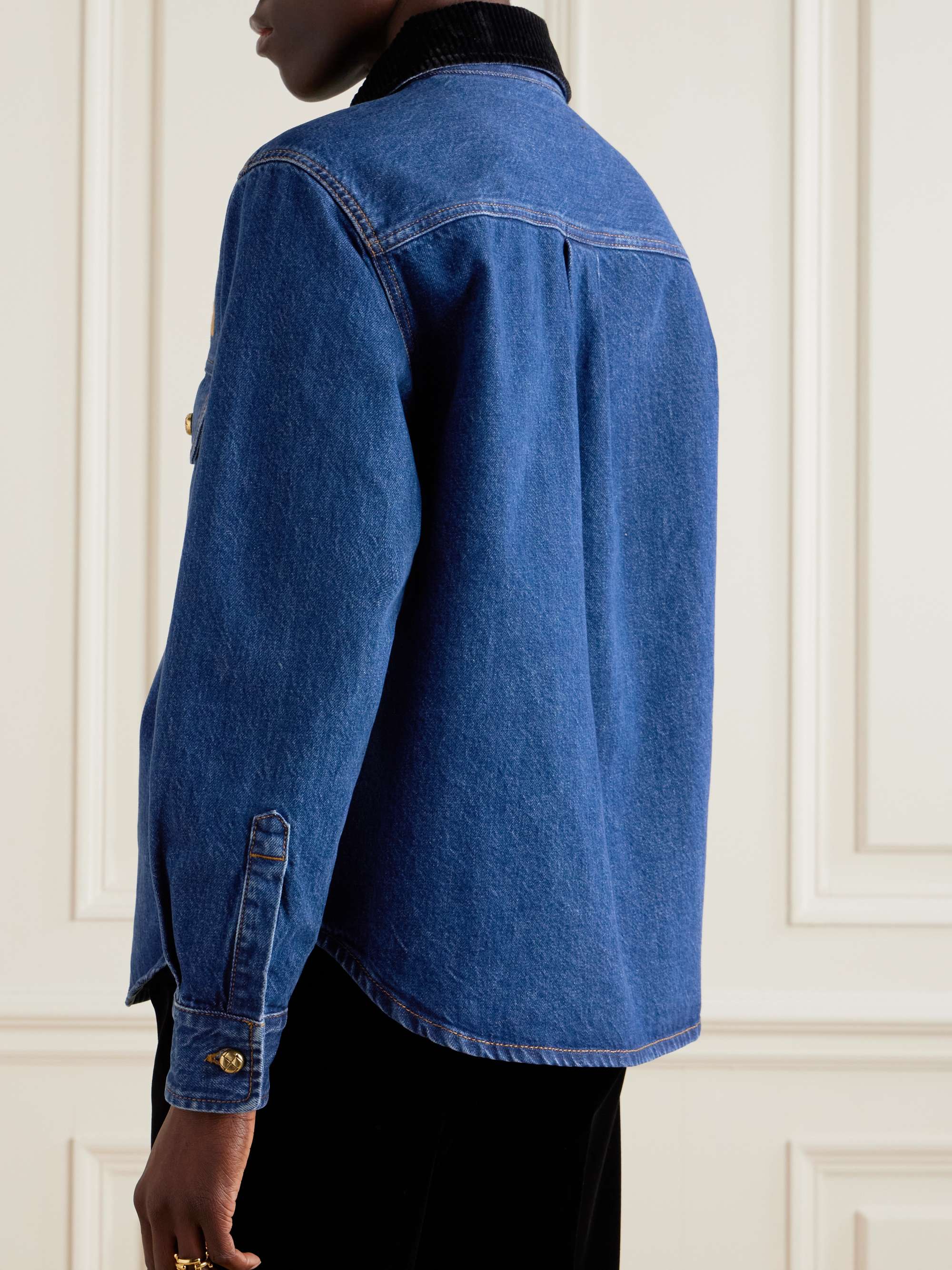 Nariida Senner corduroy-trimmed embroidered denim shirt view
