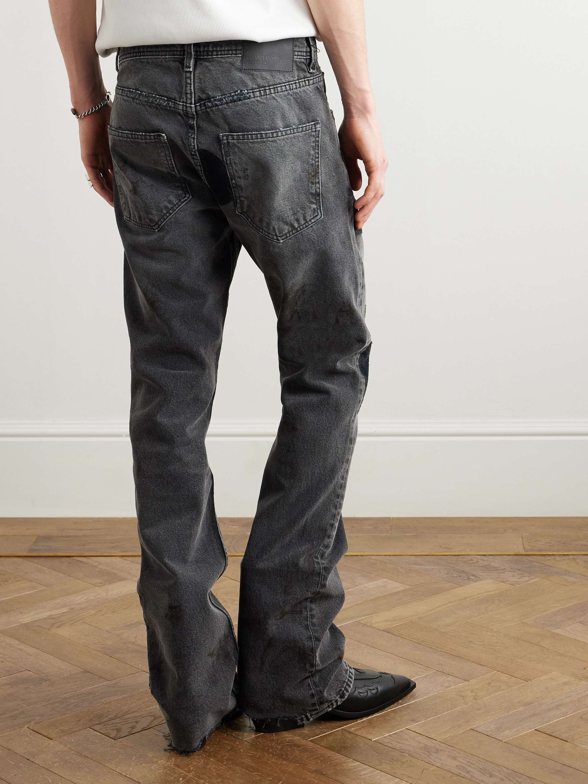 Patchwork Slim-Fit Flared Corduroy-Appliquéd Embroidered Distressed Jeans view