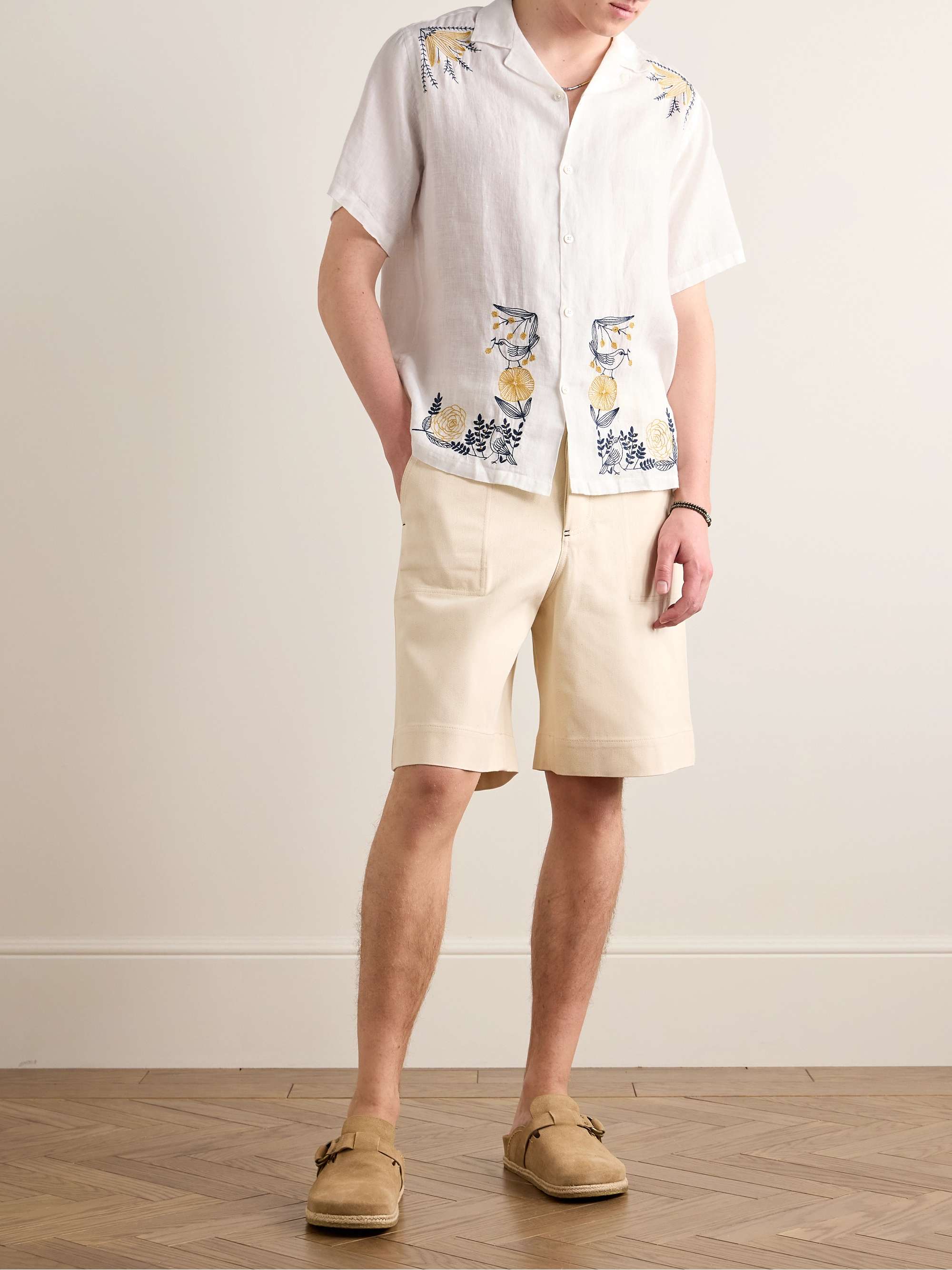Convertible-Collar Embroidered Linen Shirt view