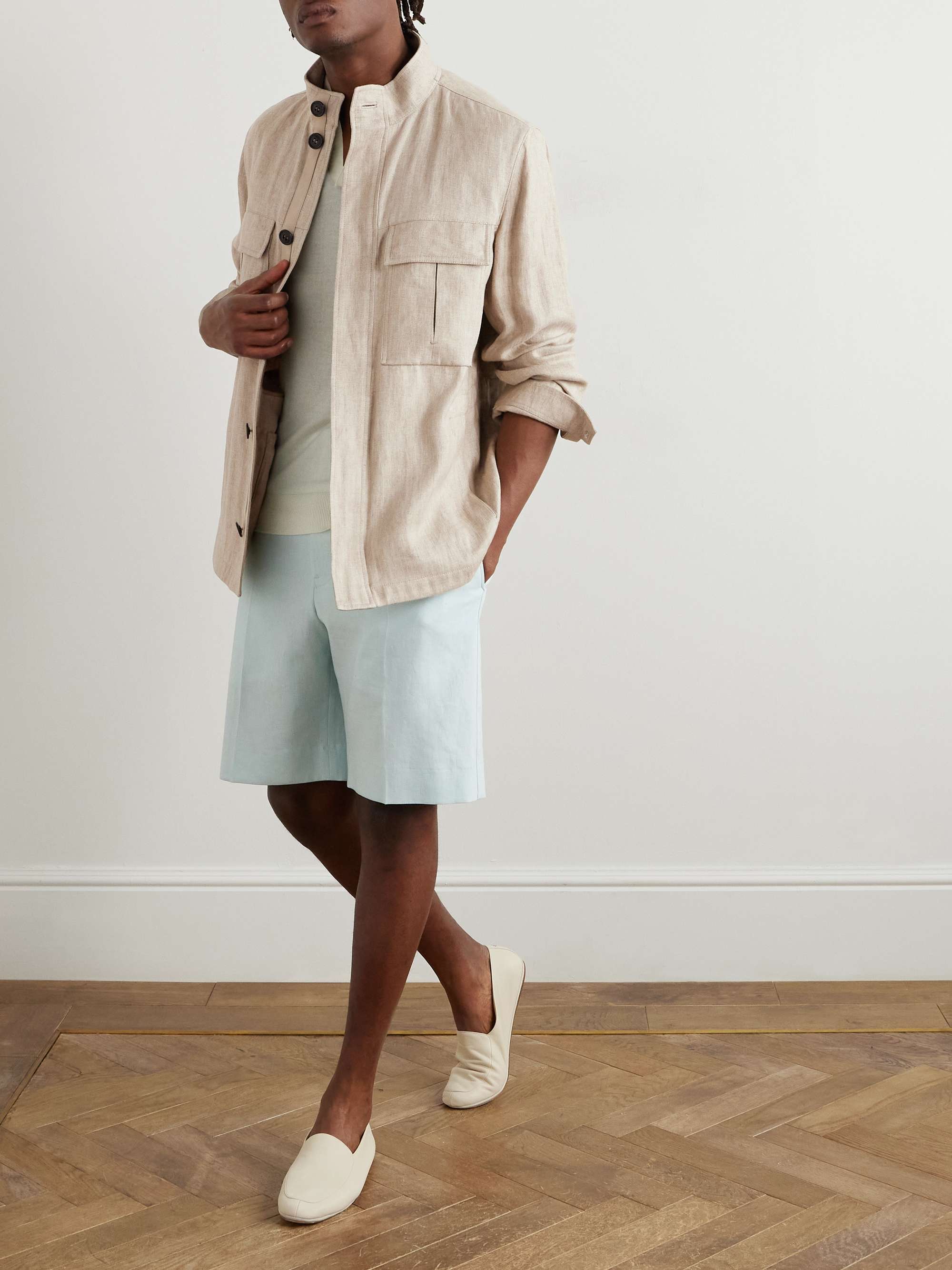 Leather-Trimmed Linen Overshirt view
