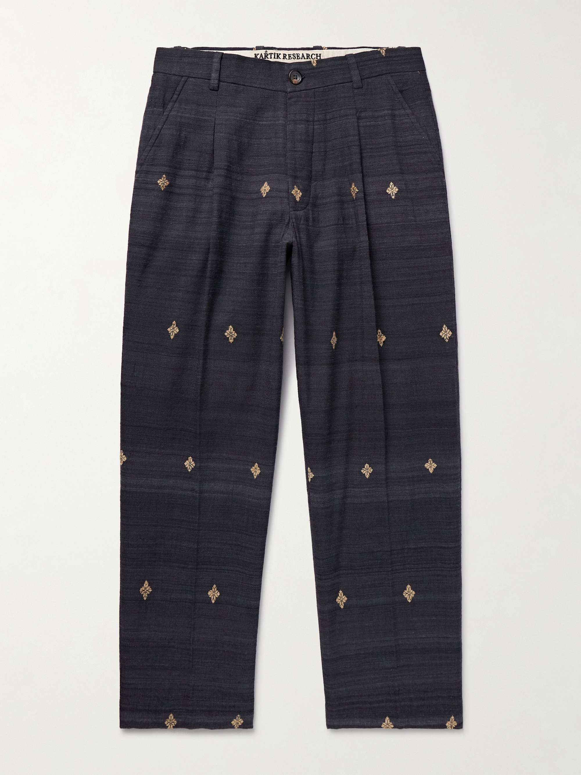 Straight-Leg Pleated Embroidered Silk Trousers view