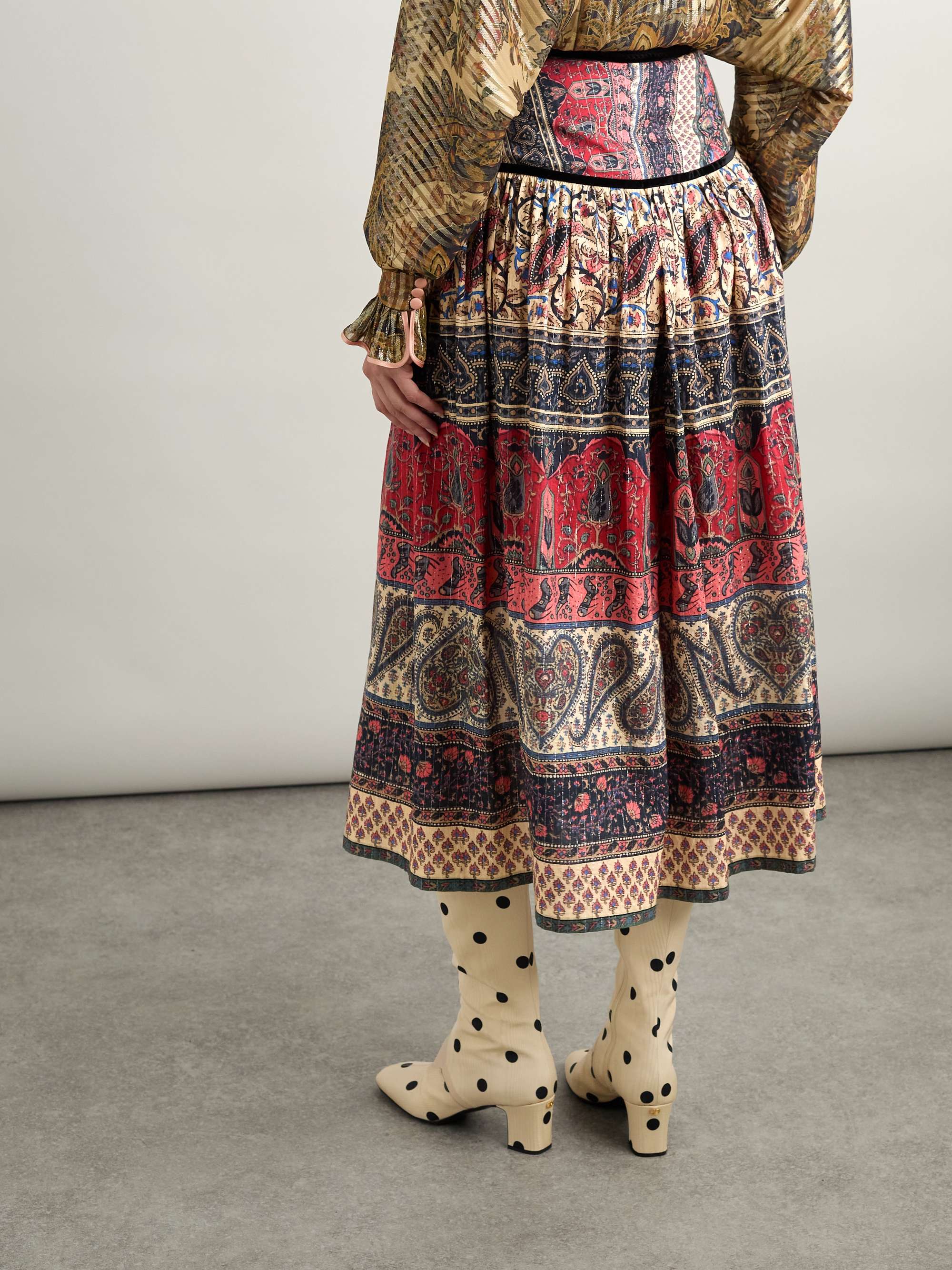 Printed metallic cotton-blend midi skirt view