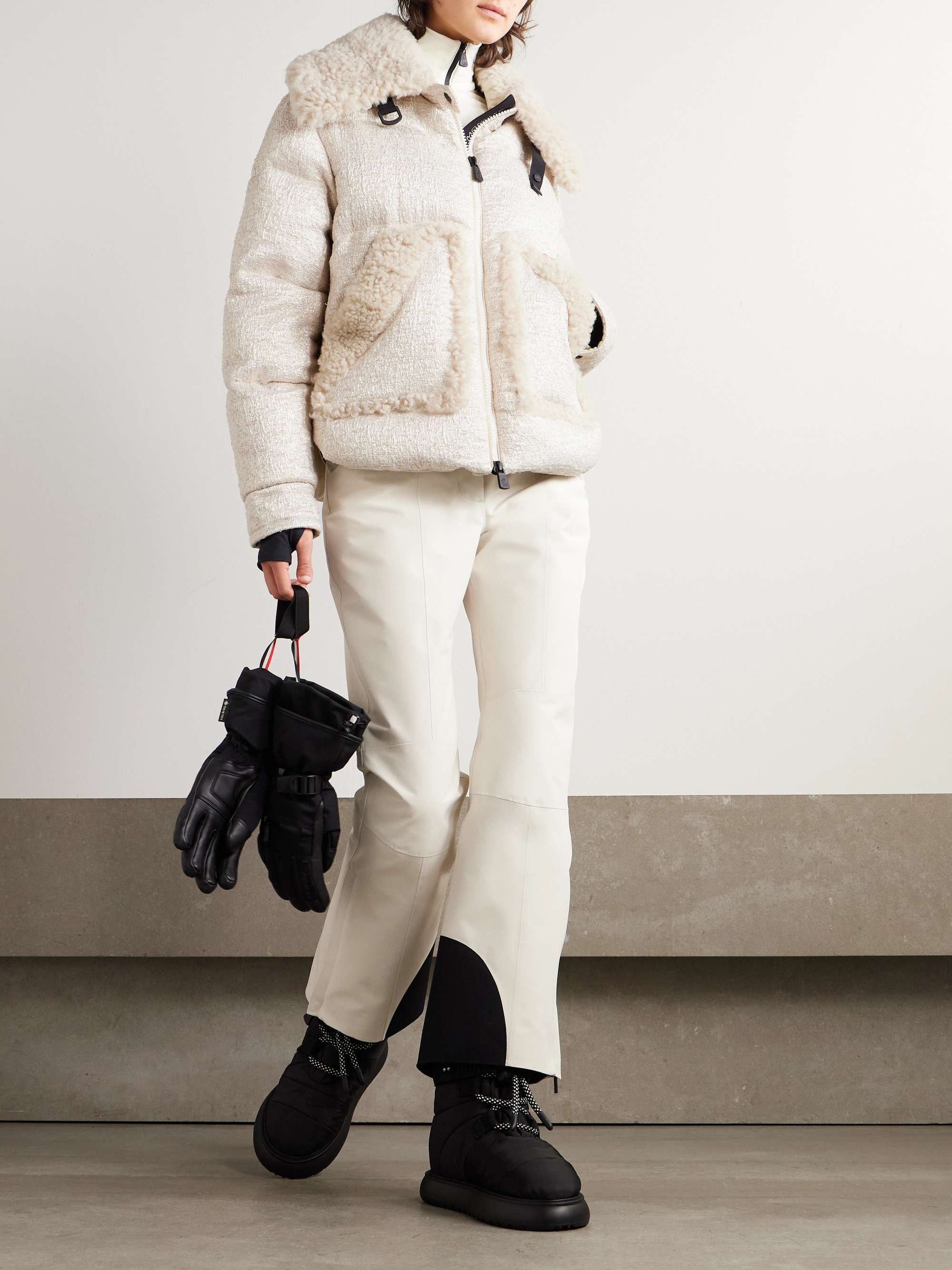 Stowe appliquéd shearling-trimmed metallic tweed down jacket view