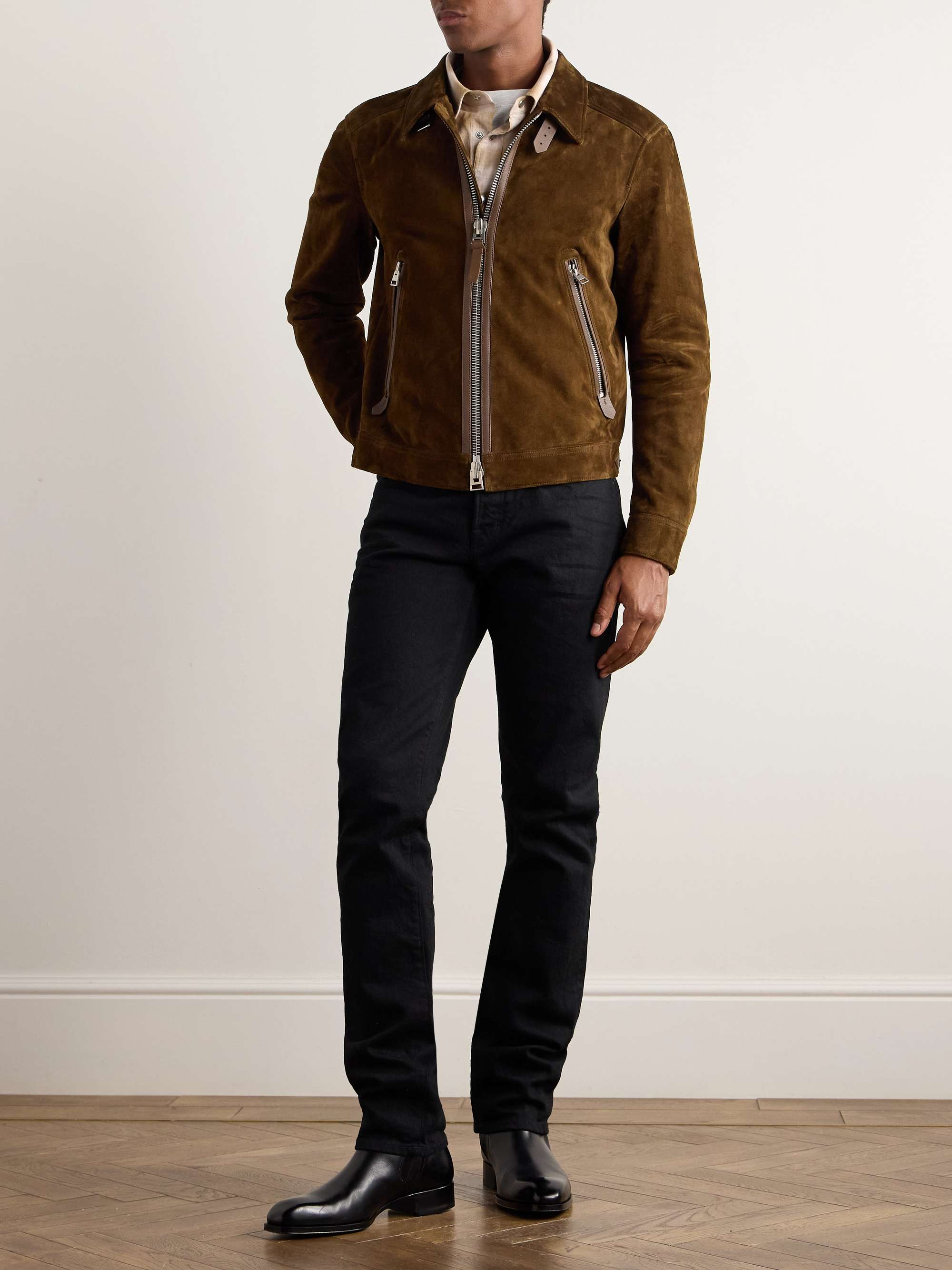 Leather-Trimmed Suede Bomber Jacket view