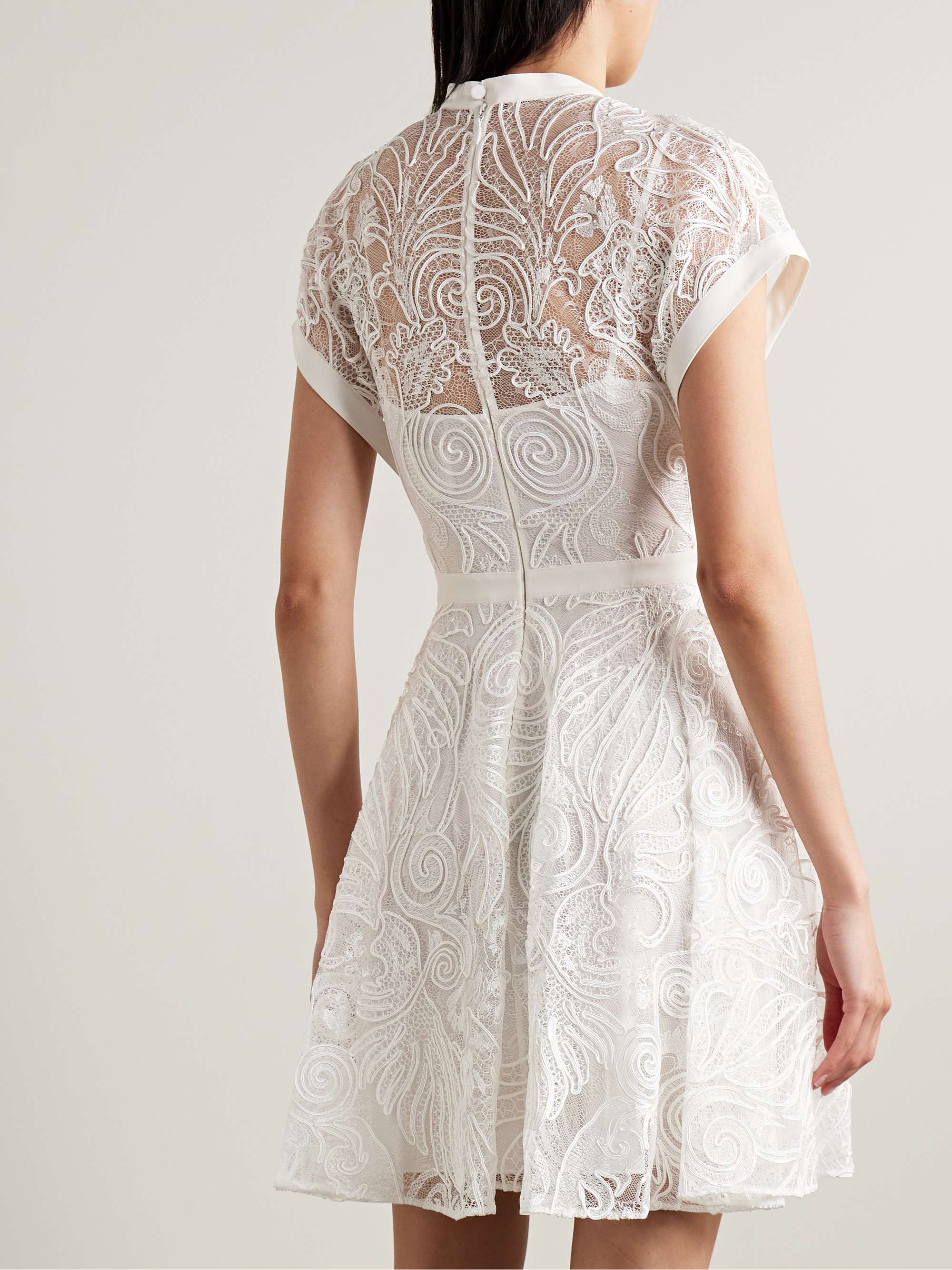 Tie-detailed crepe-trimmed corded lace mini dress view