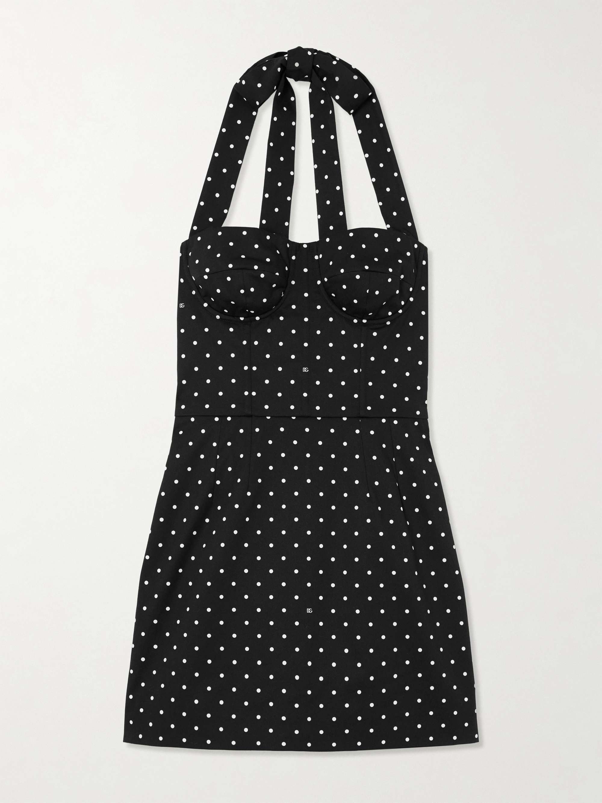 Printed polka-dot cotton-blend drill halterneck mini dress view