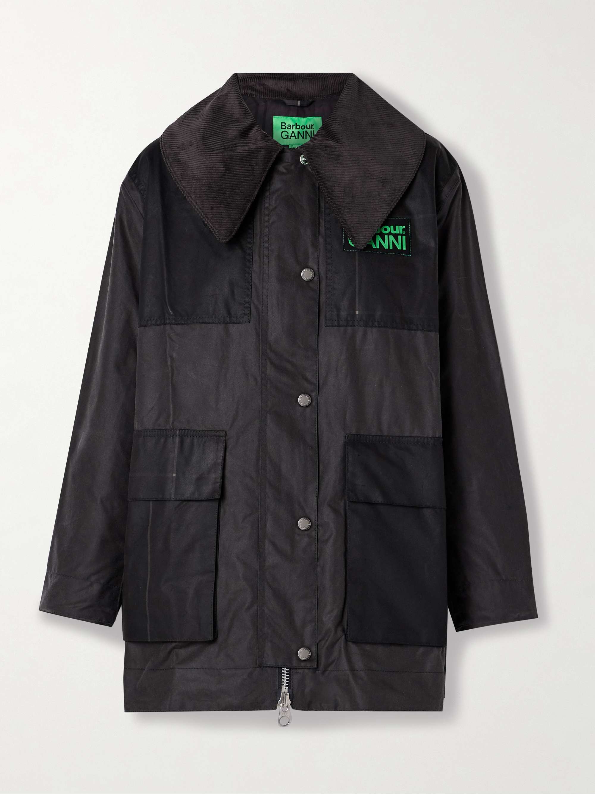 + GANNI corduroy-trimmed paneled checked waxed-organic cotton jacket view