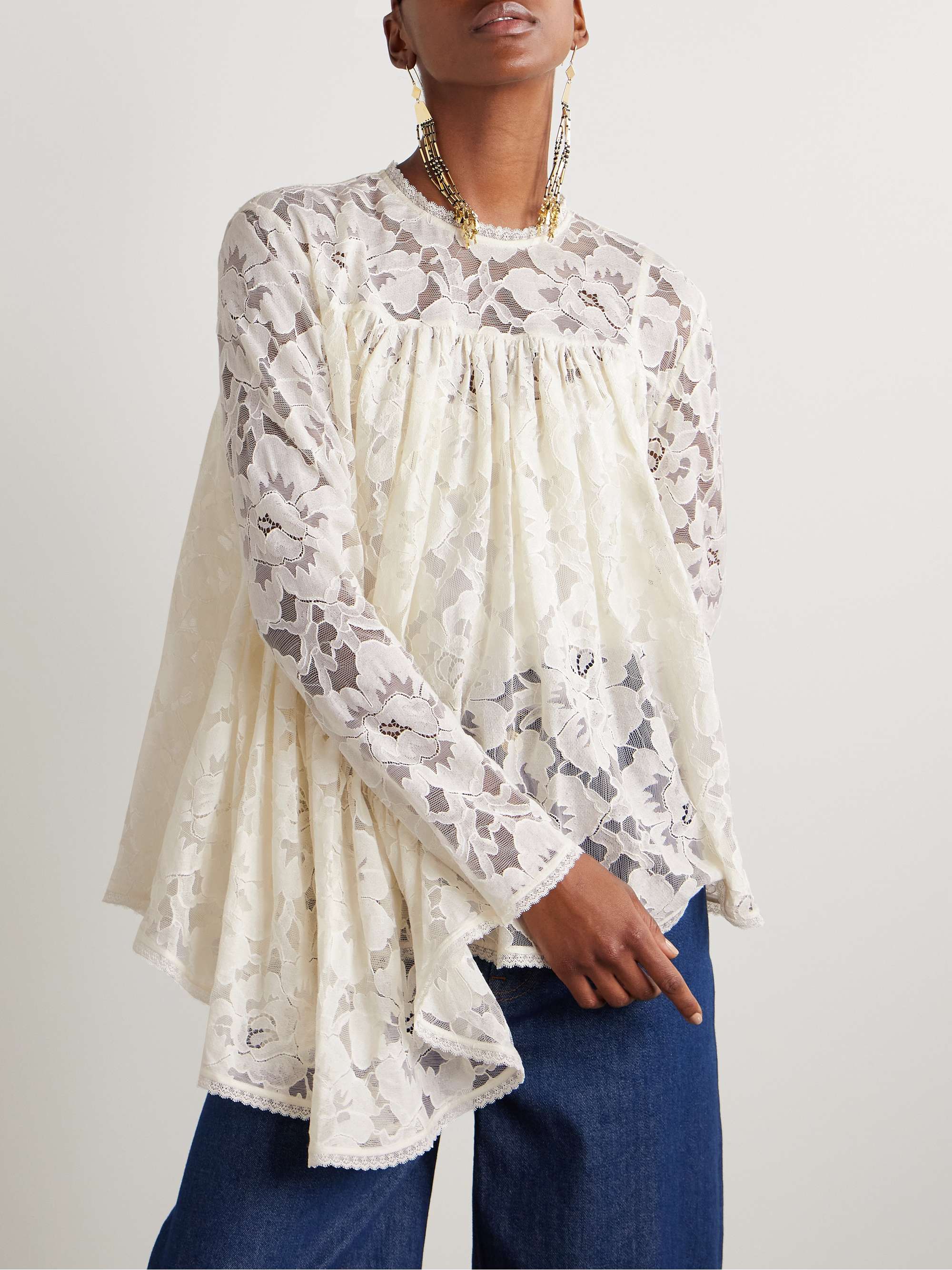 Illuminate gathered cotton-blend lace blouse view