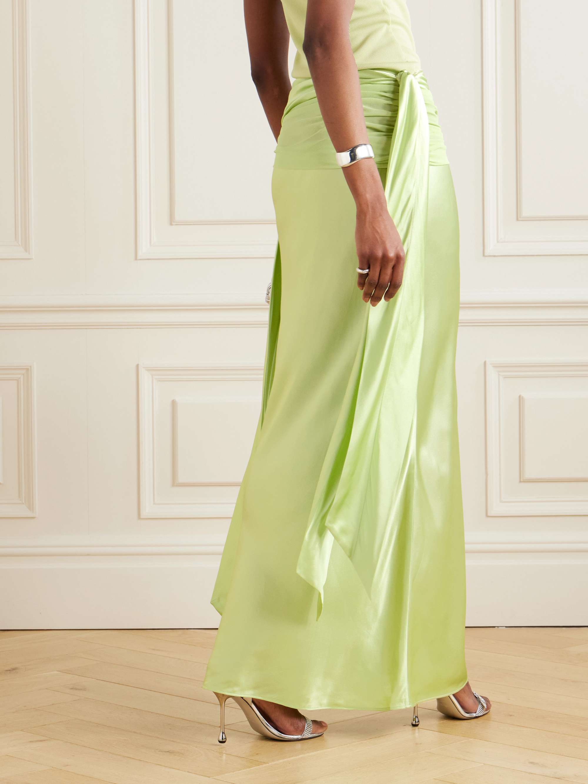 Knot-detailed gathered chiffon-trimmed silk-satin maxi skirt view