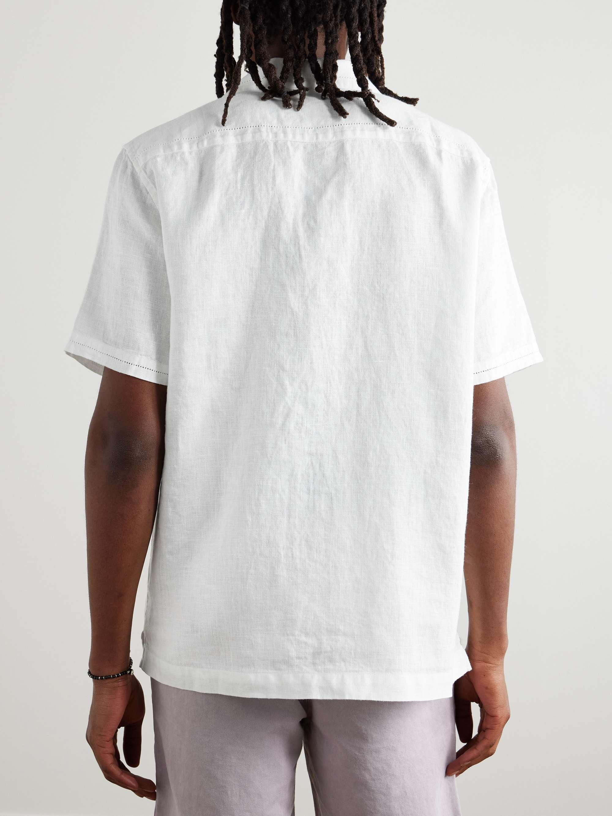 Camp-Collar Embroidered Pintucked Linen Shirt view