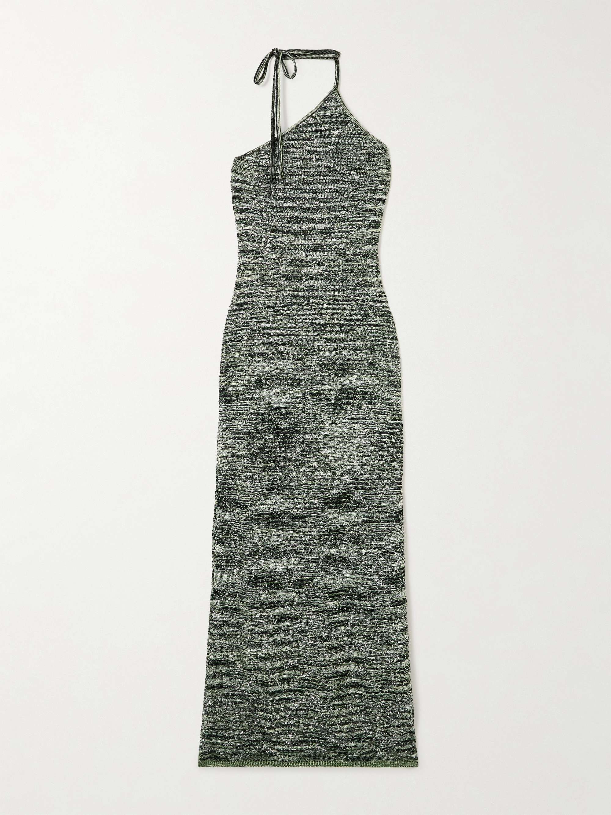 One-shoulder sequin-embellished metallic crochet-knit maxi dress view