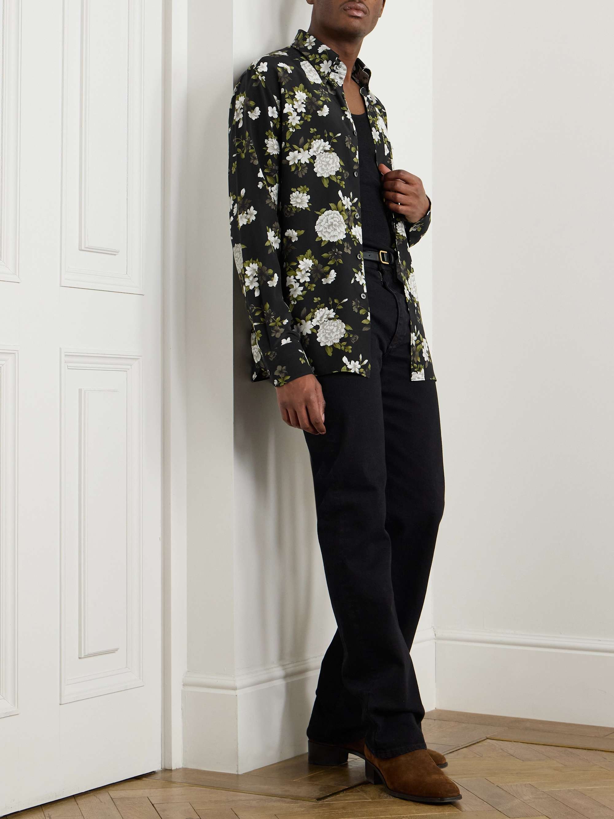 Hendrix Button-Down Collar Floral-Print Silk-Crepe Shirt view