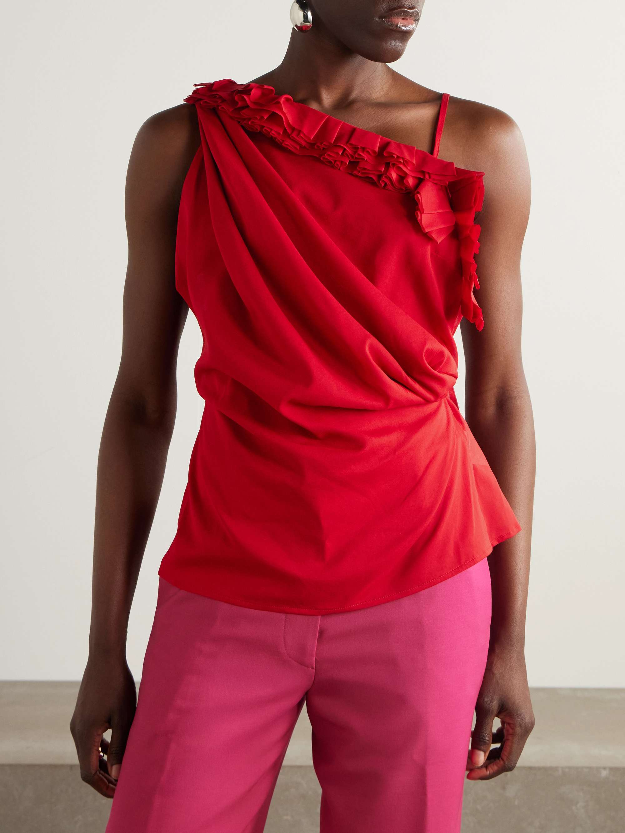 Asymmetric ruffled silk-blend wrap top view