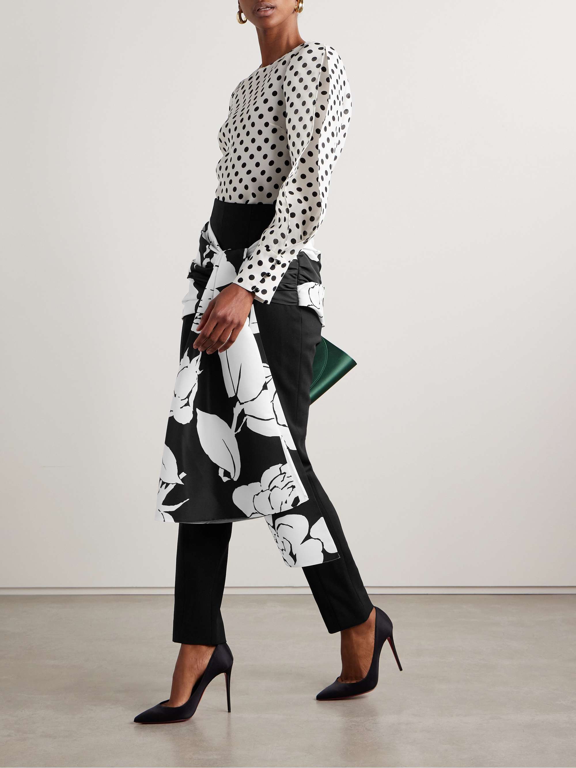 Draped floral-print faille and crepe slim-leg pants view