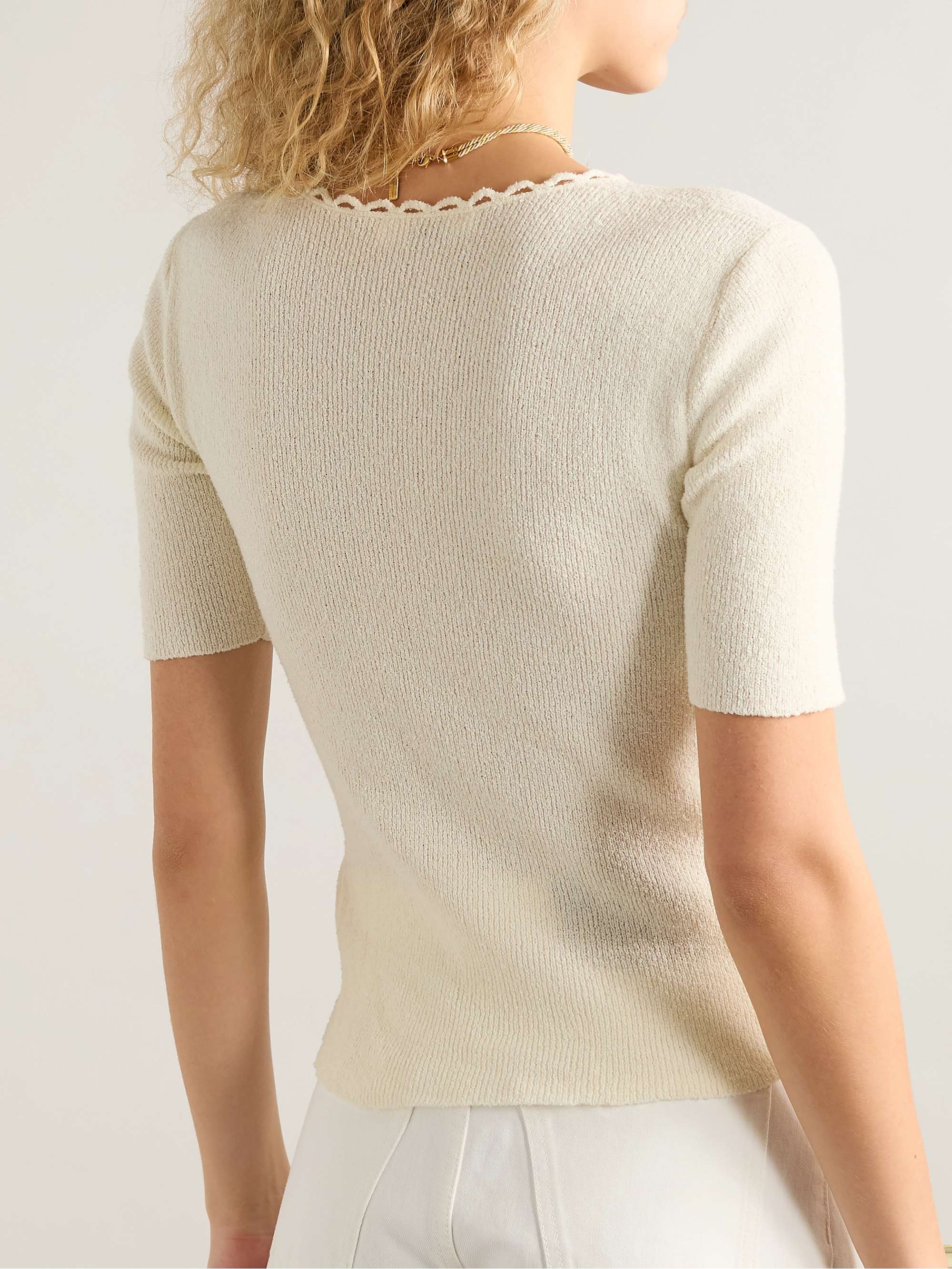 Picot-trimmed ribbed cotton-blend bouclé T-shirt view