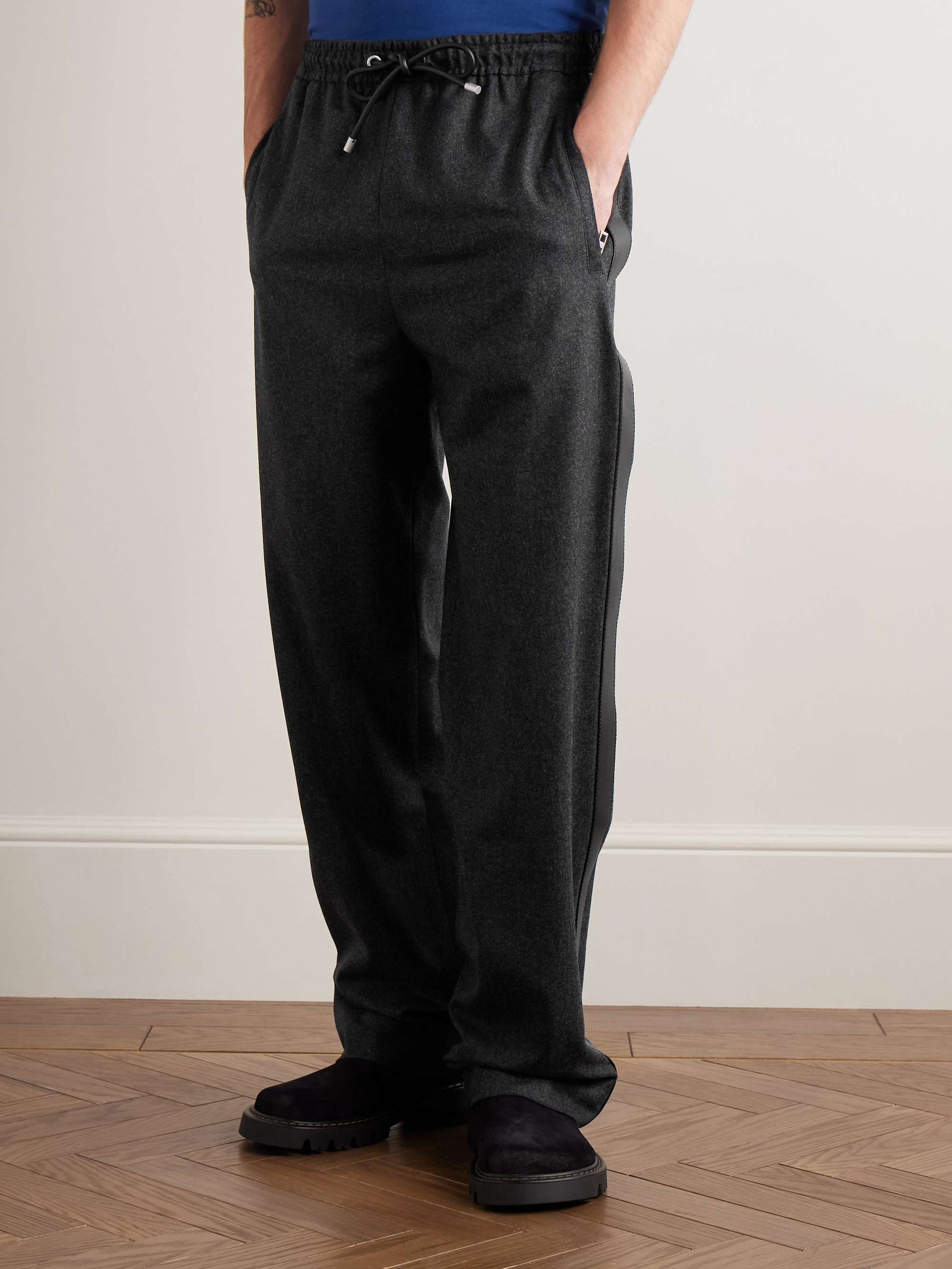 Straight-Leg Leather-Trimmed Wool and Cashmere-Blend Flannel Drawstring Trousers view