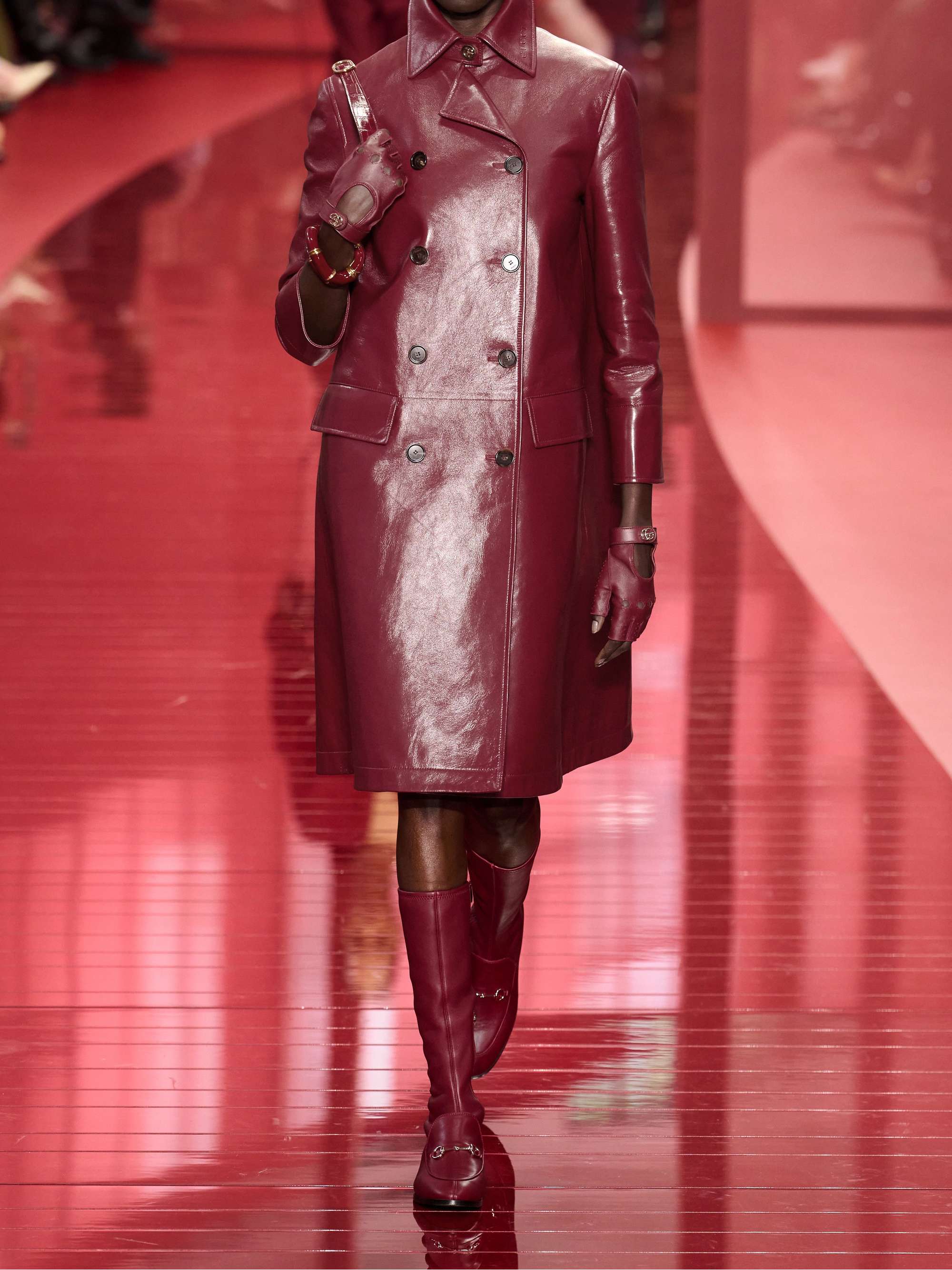 Double-breasted glossed-leather trench coat view