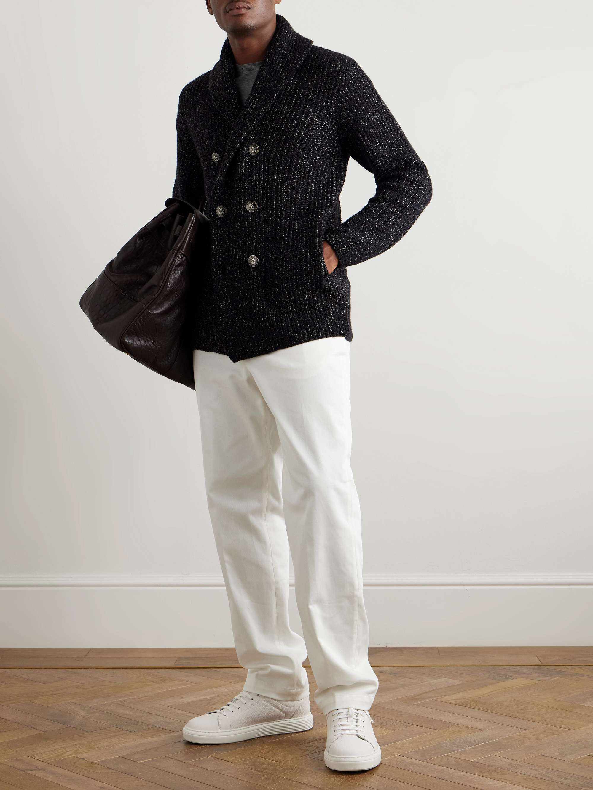Shawl-Collar Double-Breasted Ribbed Virgin Wool, Silk and Cashmere-Blend Cardigan view