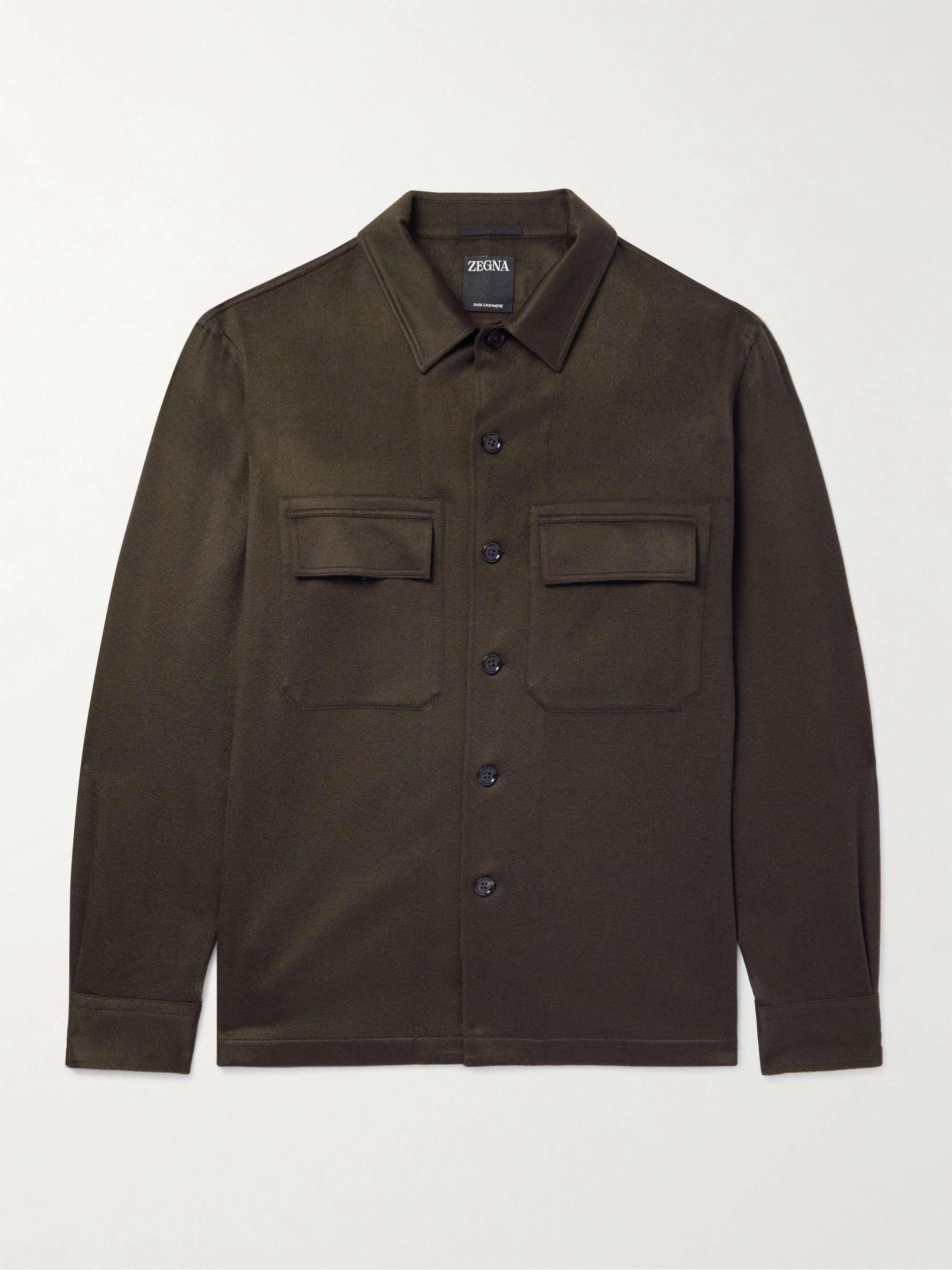 Camp-Collar Logo-Appliquéd Leather-Trimmed Oasi Cashmere Overshirt view