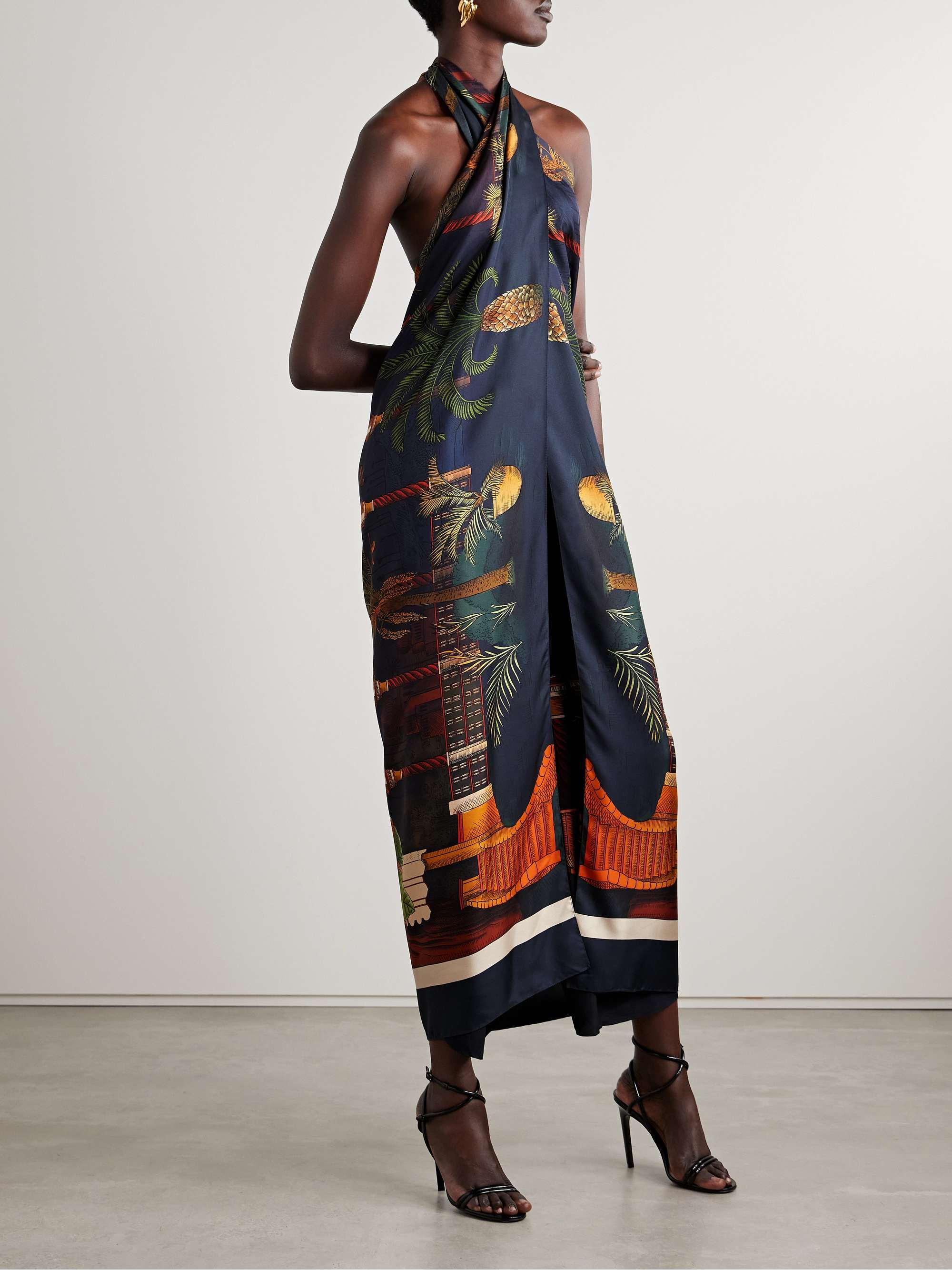 Enigma de Seda open-back draped printed silk-satin halterneck tunic view