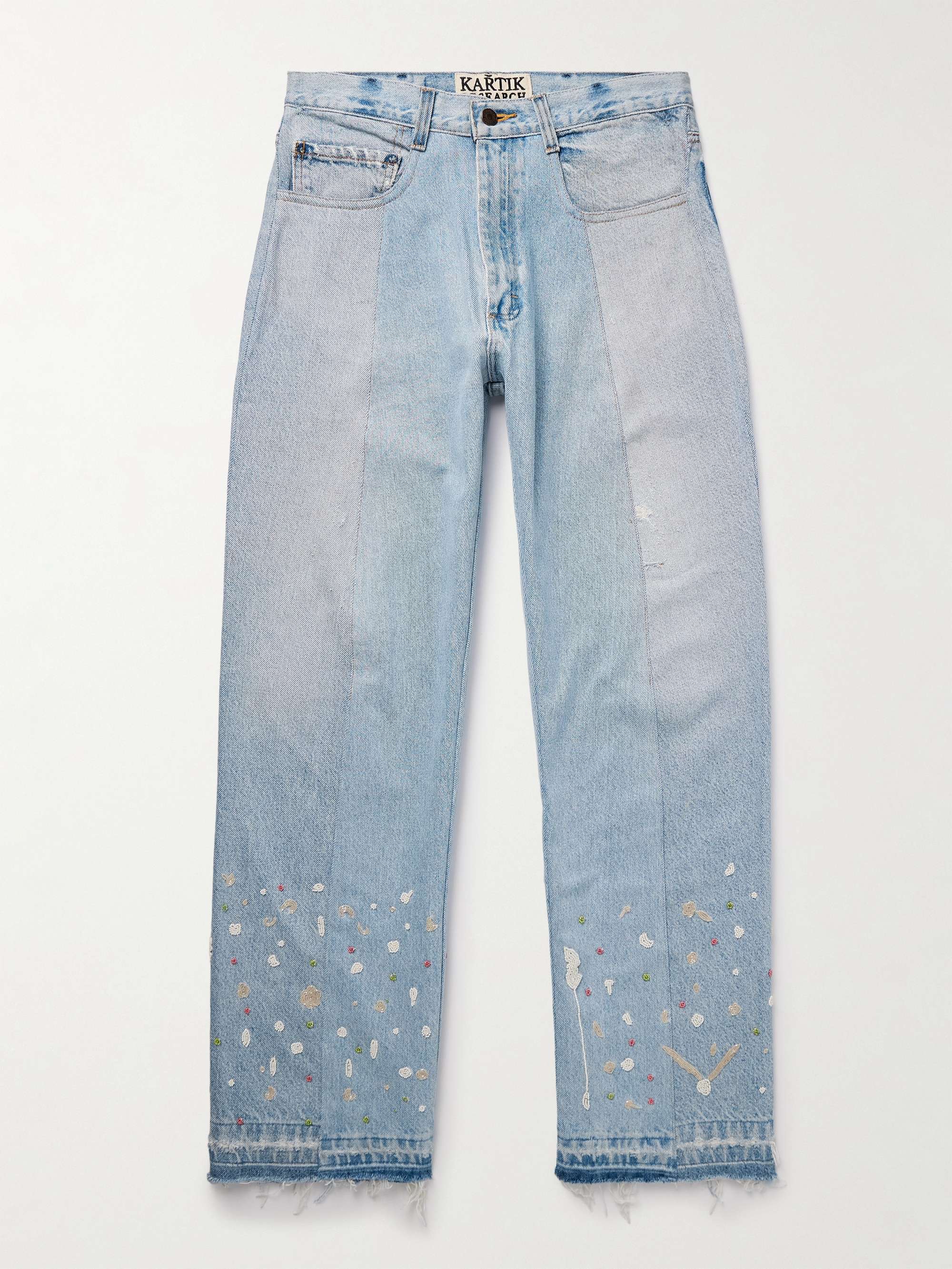 Straight-Leg Upcycled Frayed Embellished Panelled Jeans view
