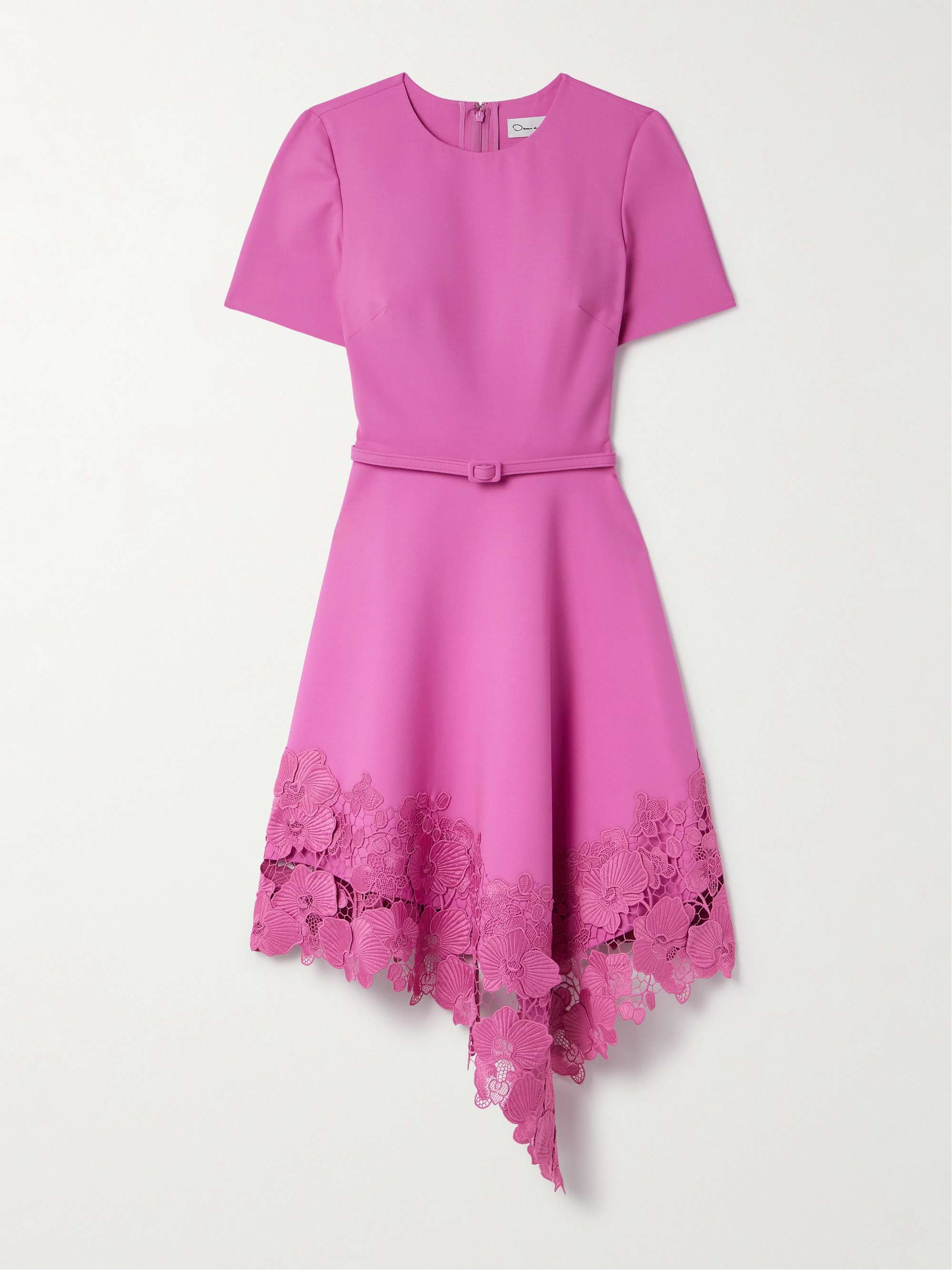 Belted asymmetric guipure lace-trimmed wool-blend dress view
